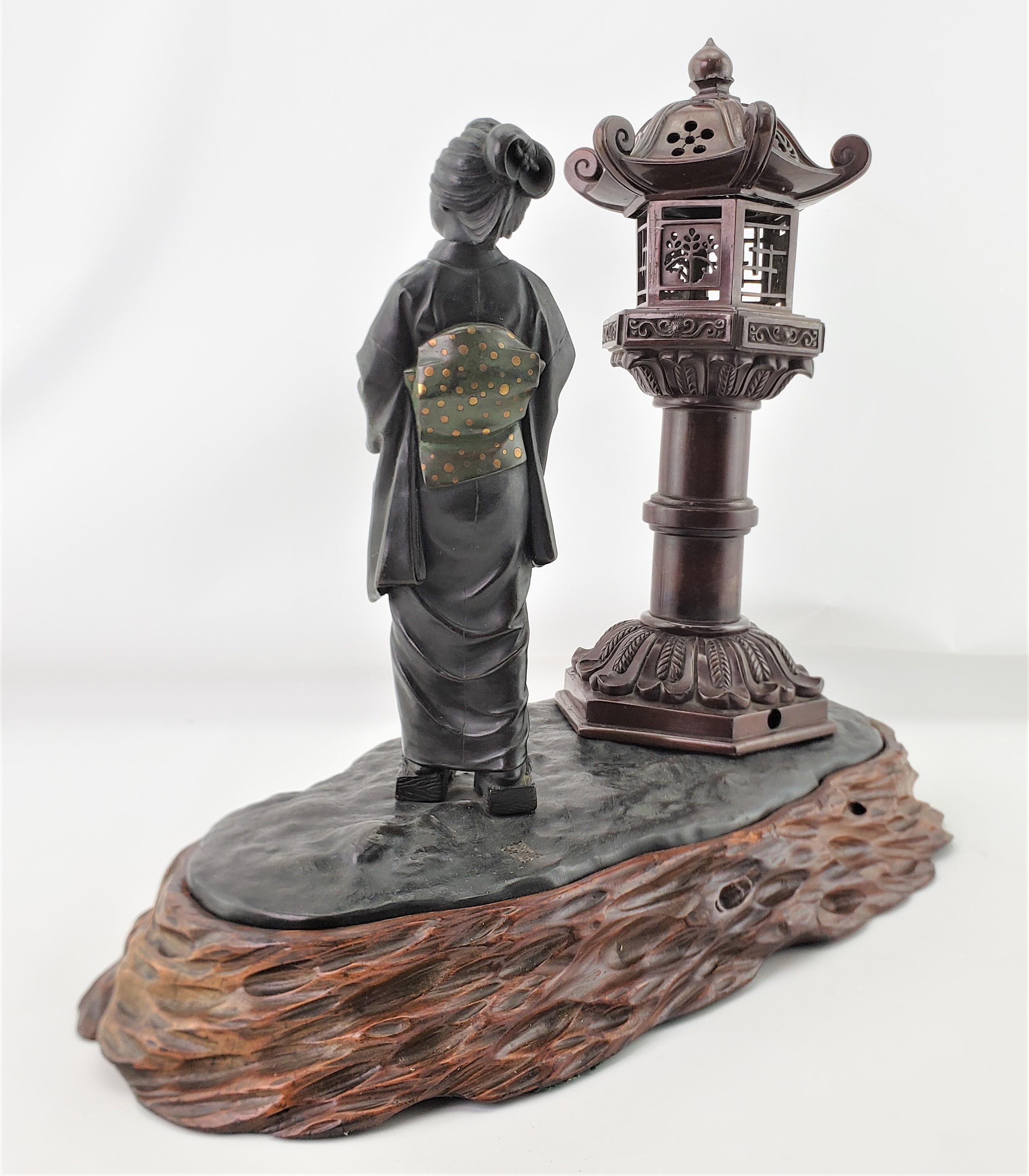 Antique Meiji Signed Japanese Figural Woman & Lantern Incense Burner with Base For Sale 3