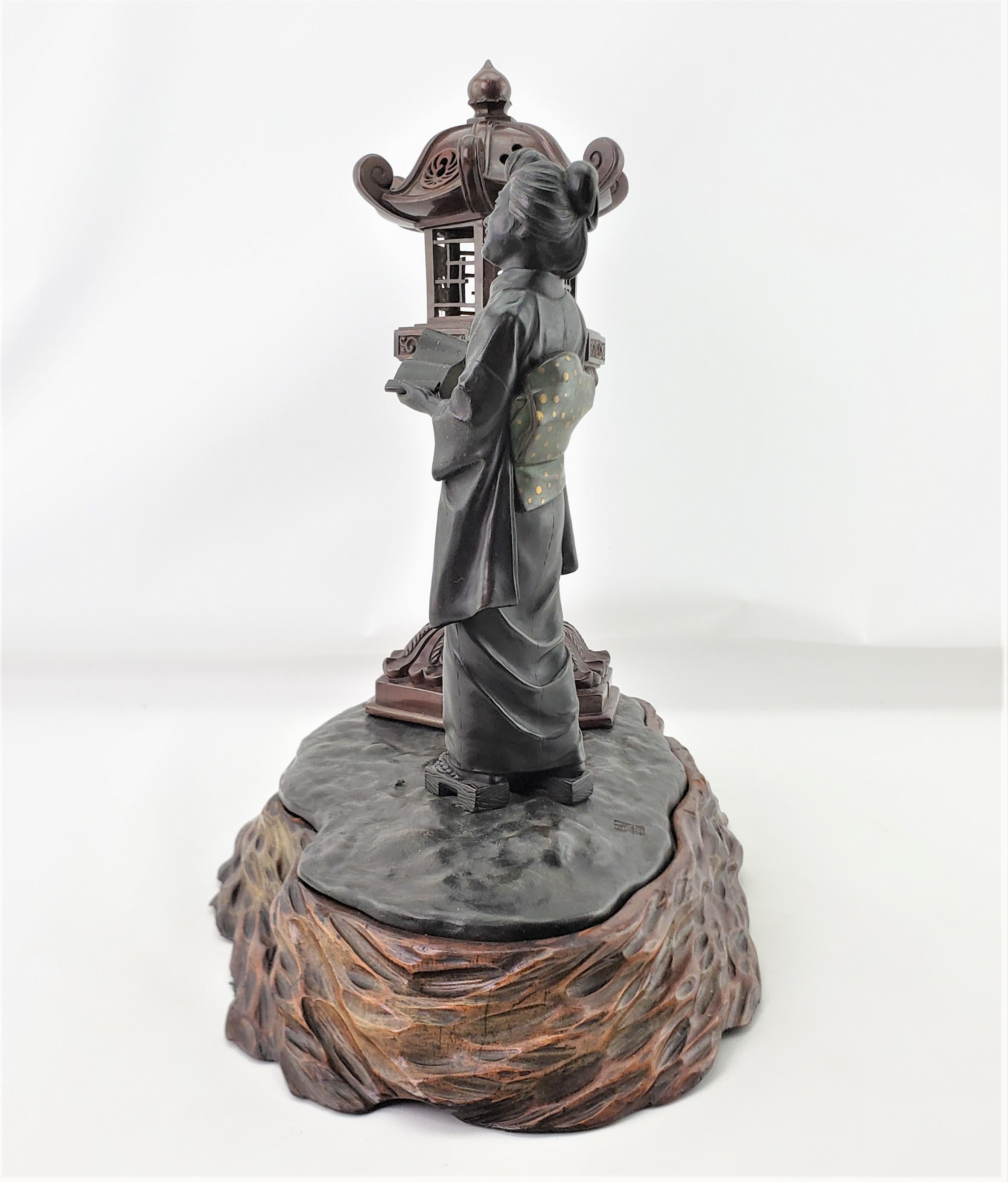 Antique Meiji Signed Japanese Figural Woman & Lantern Incense Burner with Base For Sale 4