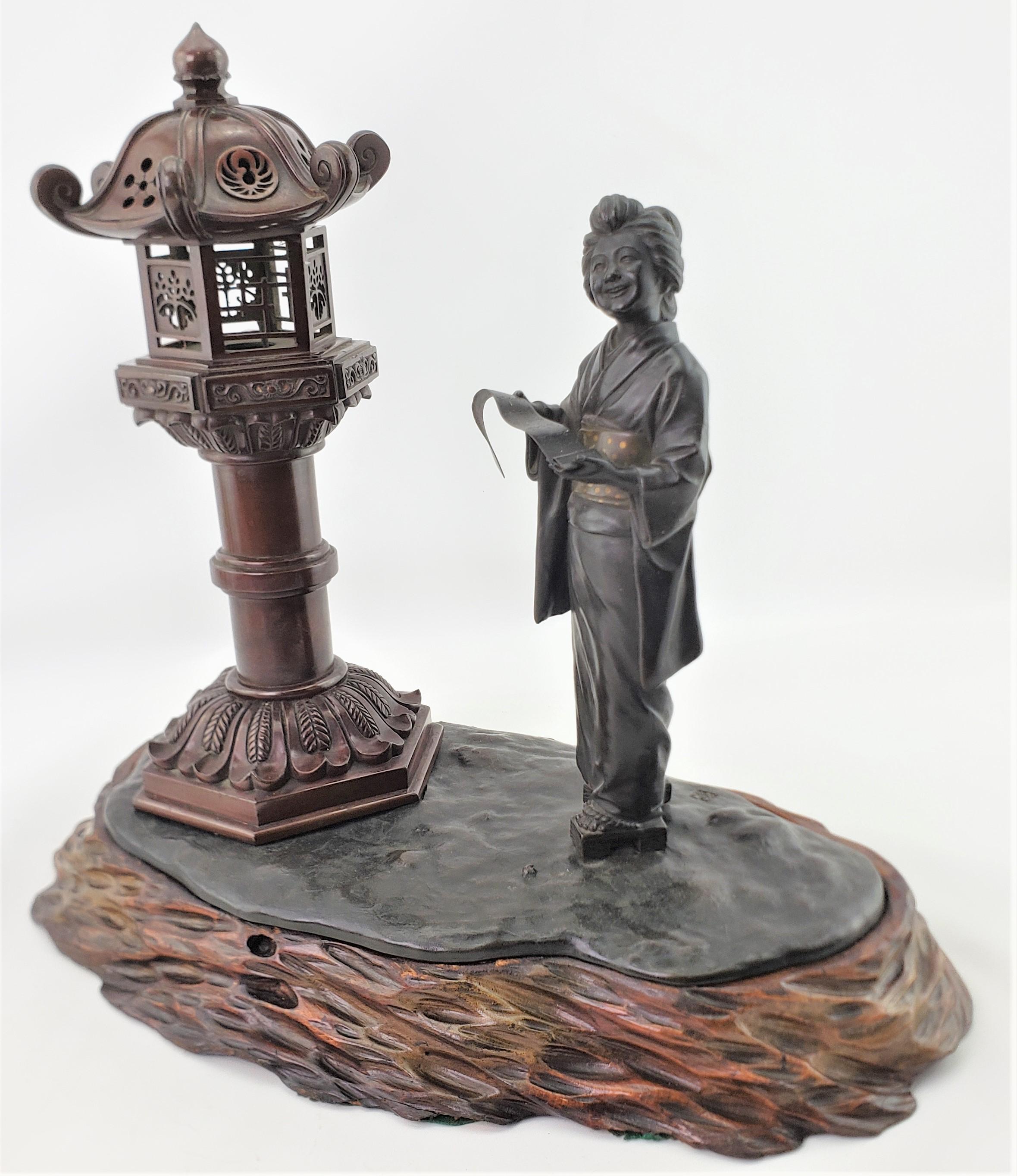 Antique Meiji Signed Japanese Figural Woman & Lantern Incense Burner with Base For Sale 5