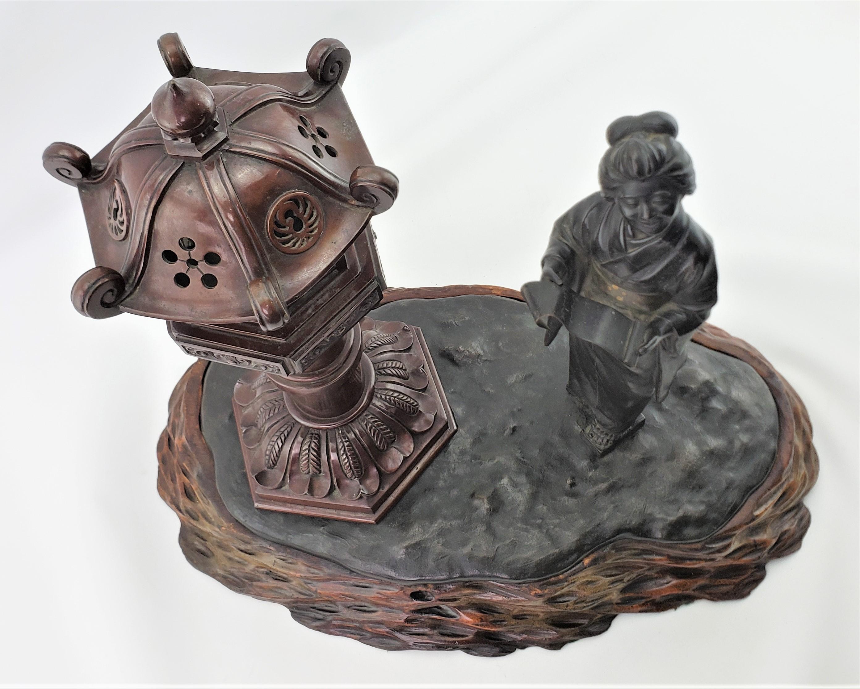 Antique Meiji Signed Japanese Figural Woman & Lantern Incense Burner with Base For Sale 6