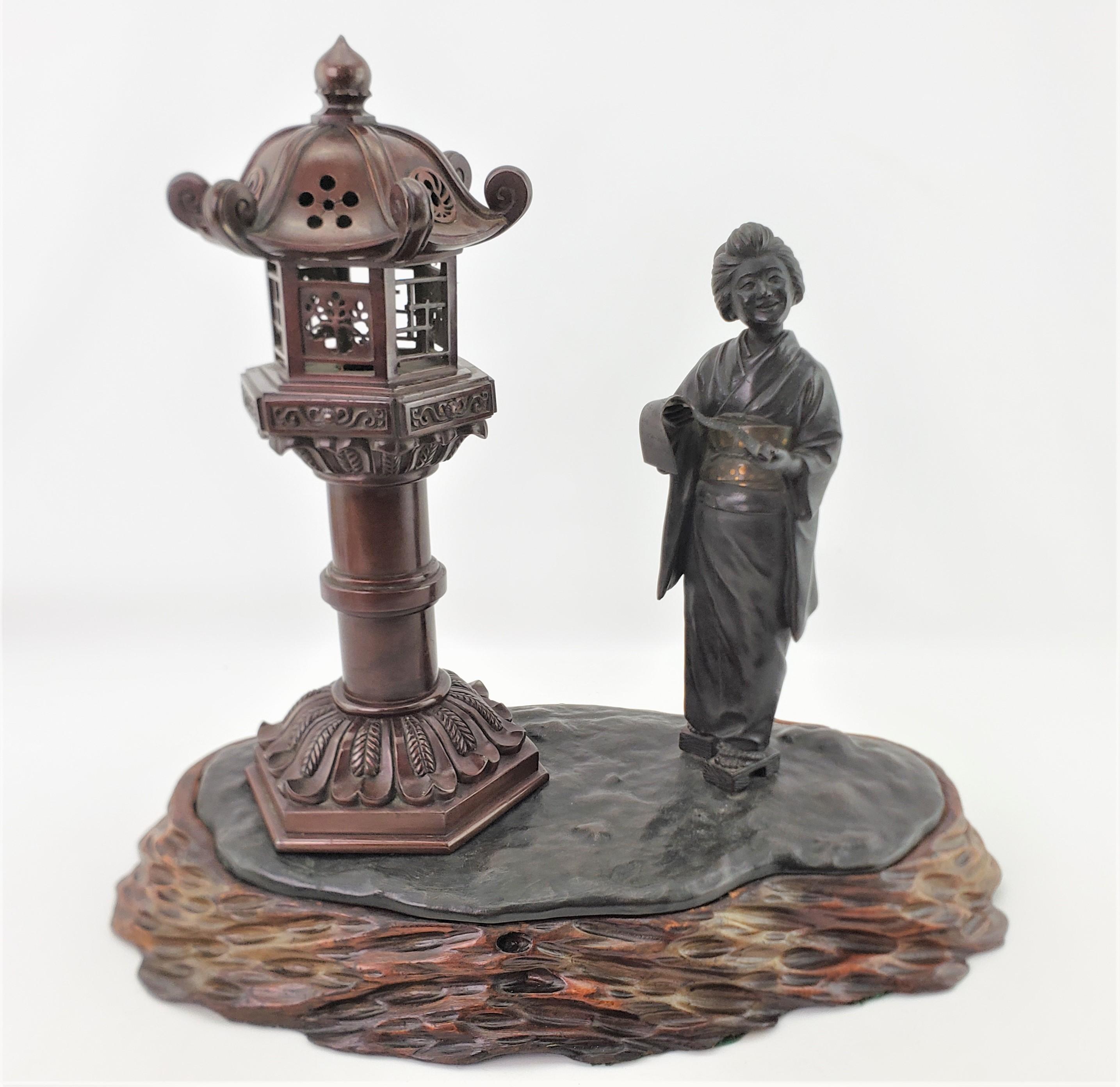Cast Antique Meiji Signed Japanese Figural Woman & Lantern Incense Burner with Base For Sale