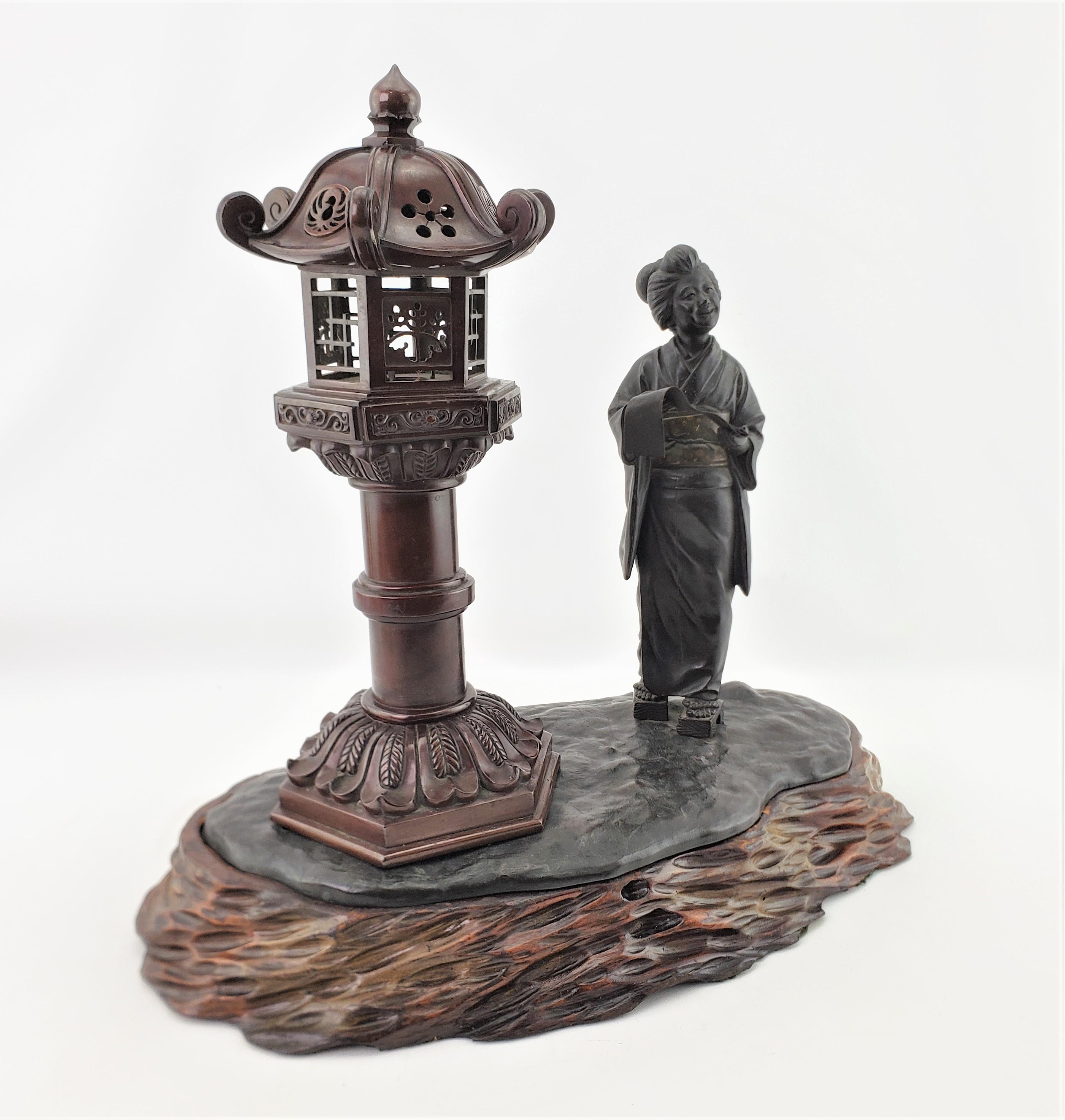 Antique Meiji Signed Japanese Figural Woman & Lantern Incense Burner with Base In Good Condition For Sale In Hamilton, Ontario