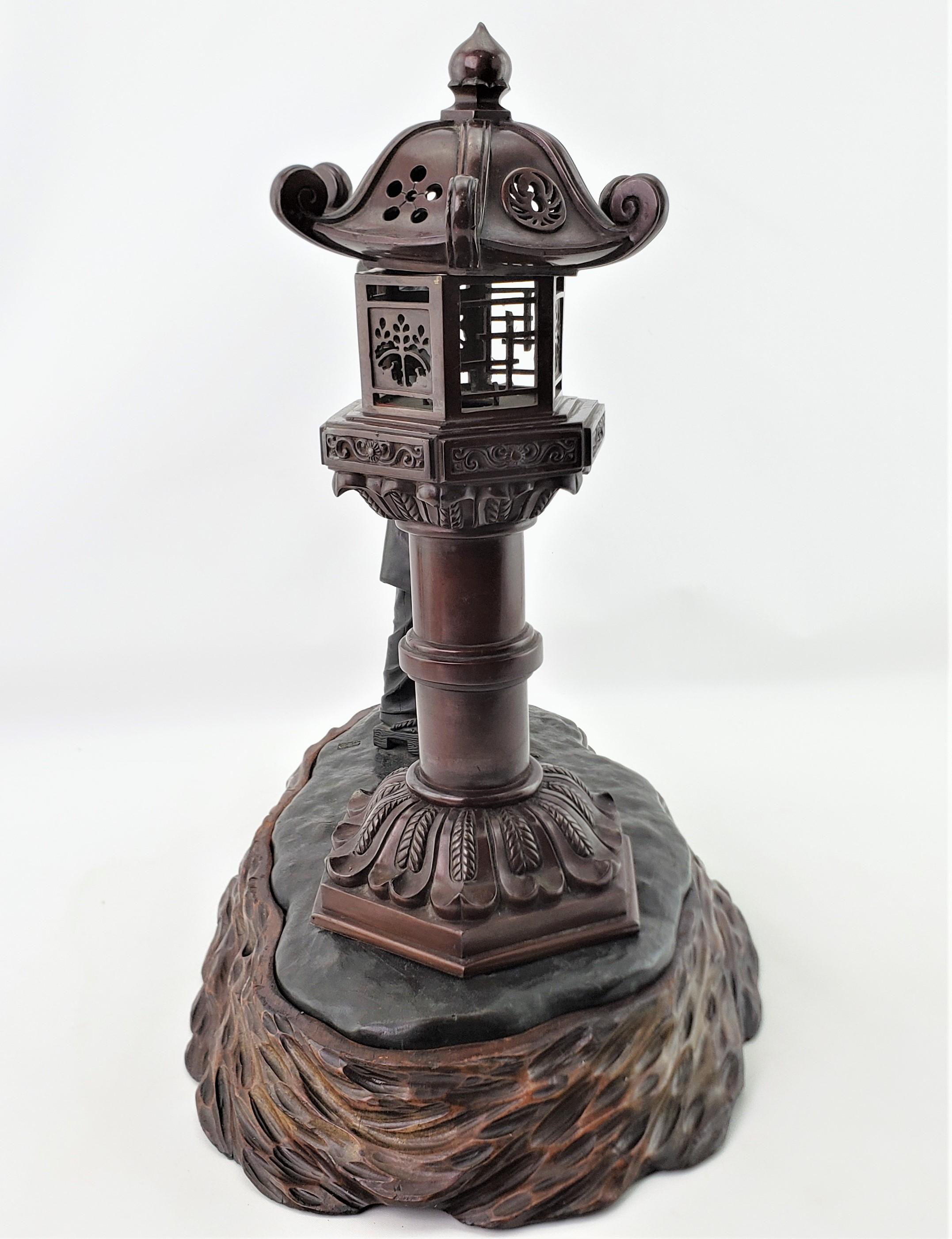 19th Century Antique Meiji Signed Japanese Figural Woman & Lantern Incense Burner with Base For Sale