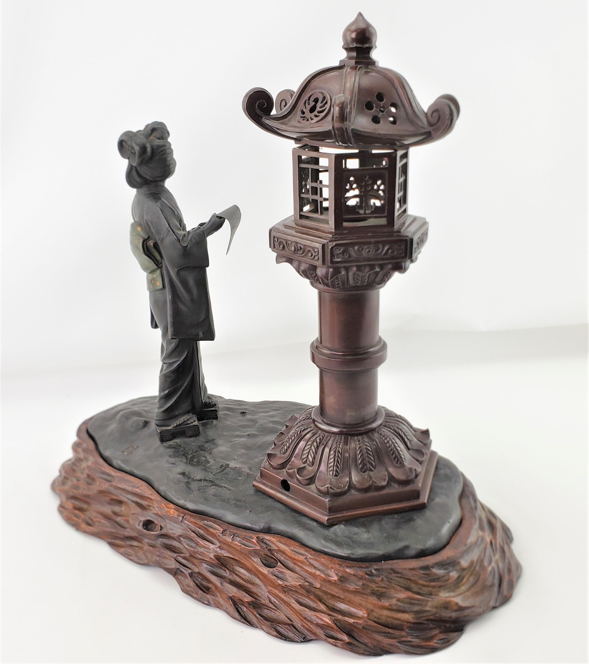 Bronze Antique Meiji Signed Japanese Figural Woman & Lantern Incense Burner with Base For Sale
