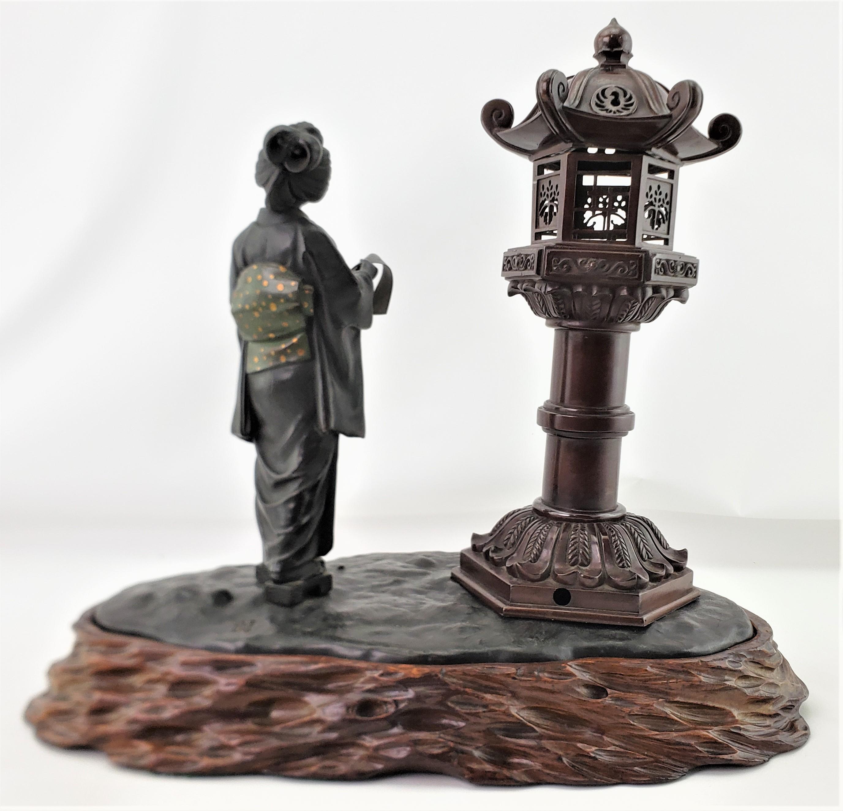 Antique Meiji Signed Japanese Figural Woman & Lantern Incense Burner with Base For Sale 1