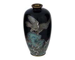 Antique Meiji Silver Wire Japanese Cloisonne Vase with Eagle and Dragon over Wav