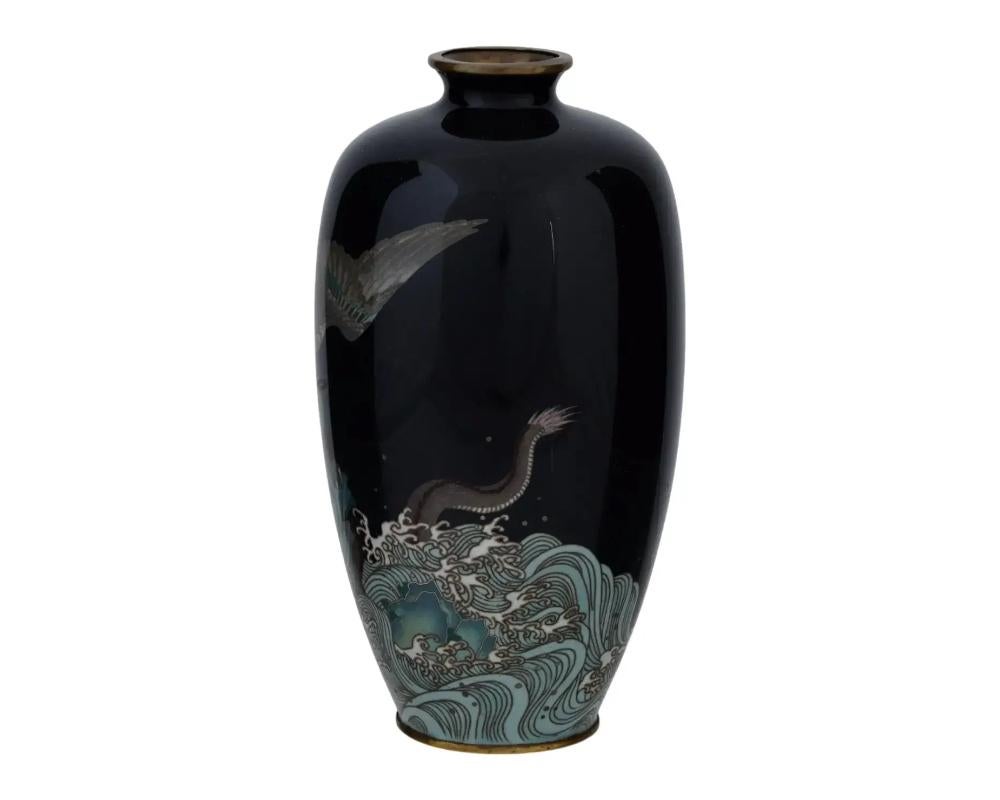 Cloissoné Antique Meiji Silver Wire Japanese Cloisonne Vase with Eagle and Dragon over Wav For Sale