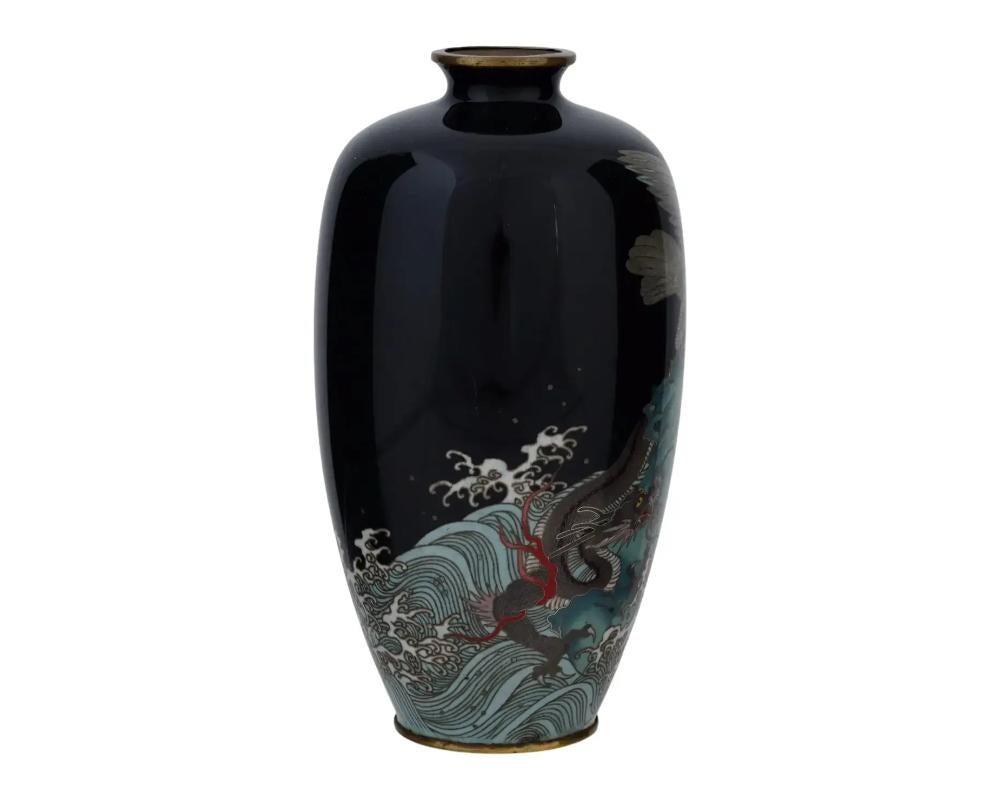Antique Meiji Silver Wire Japanese Cloisonne Vase with Eagle and Dragon over Wav In Good Condition For Sale In New York, NY