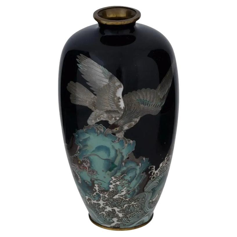 Antique Meiji Silver Wire Japanese Cloisonne Vase with Eagle and Dragon over Wav For Sale