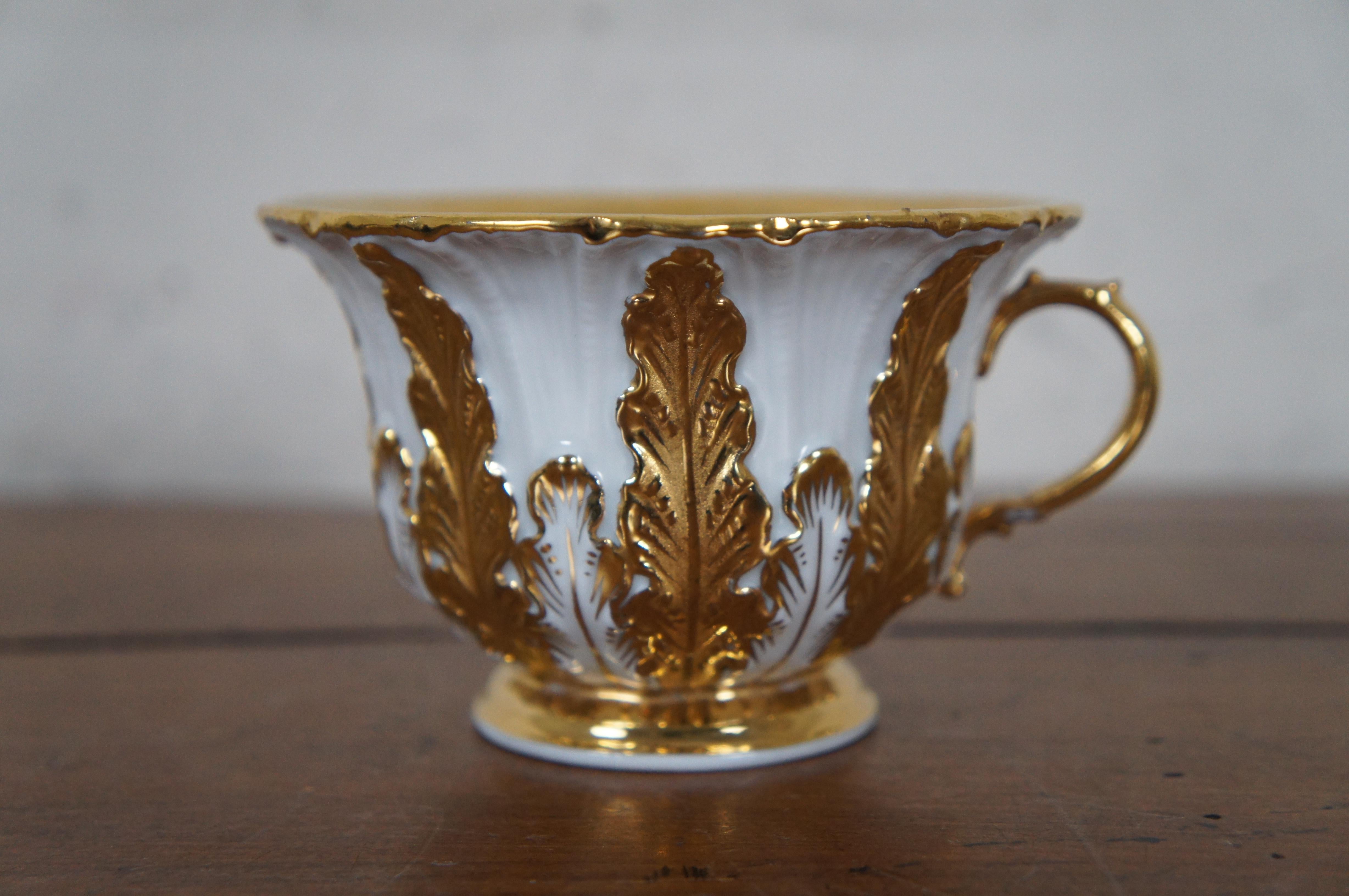 Porcelain Antique Meissen Acanthus Leaf Mocha Teacup & Saucer 1st Choice White & Gold For Sale