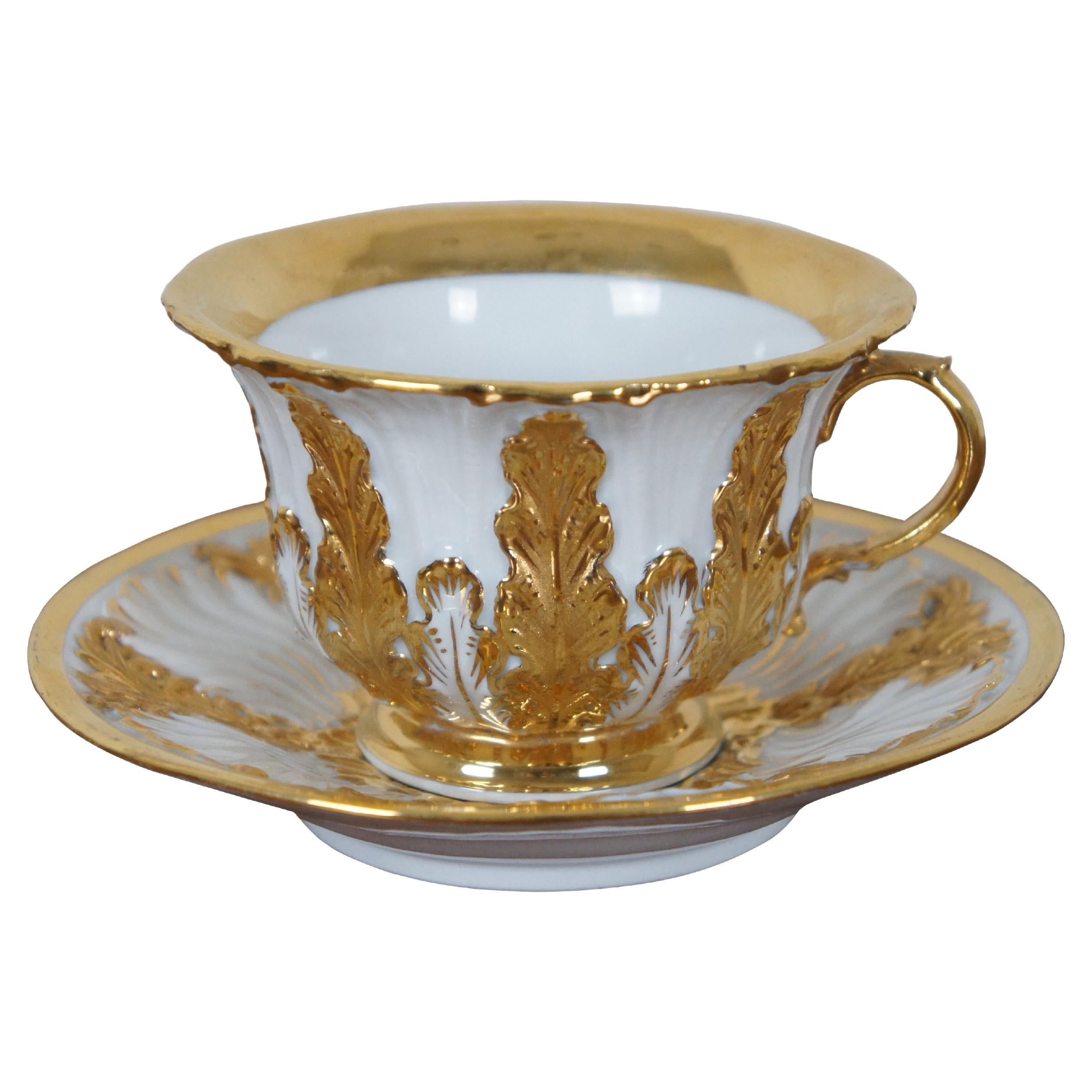 Antique Meissen Acanthus Leaf Mocha Teacup & Saucer 1st Choice White & Gold For Sale