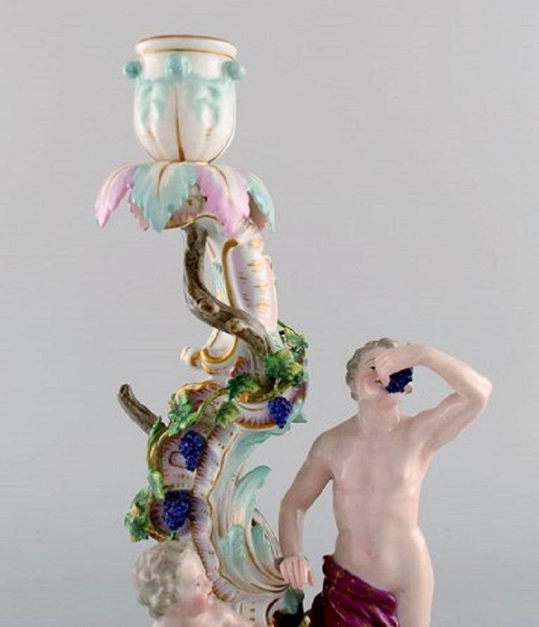 Antique Meissen Autumn Figural Candlestick in Hand Painted Porcelain In Excellent Condition For Sale In Copenhagen, DK