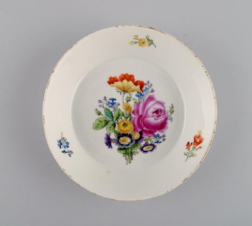 19th Century Antique Meissen Bowl and Three Porcelain Plates with Hand-Painted Flowers