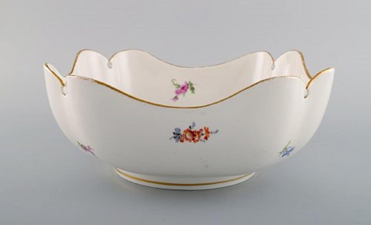 German Antique Meissen Bowl in Hand-Painted Porcelain with Flowers and Gold Decoration