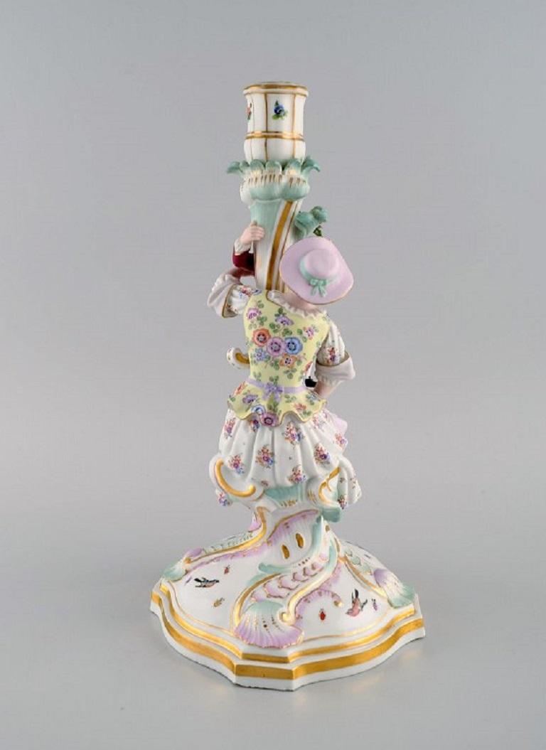 Rococo Revival Antique Meissen Candlestick in Hand-Painted Porcelain, Late 19th C For Sale