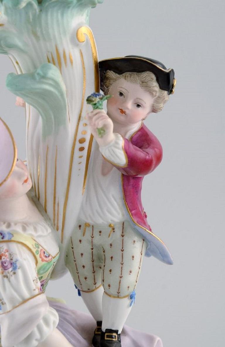 Hand-Carved Antique Meissen Candlestick in Hand-Painted Porcelain, Late 19th C For Sale