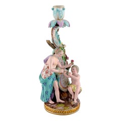 Antique Meissen Candlestick in Hand-Painted Porcelain, Late 19th Century