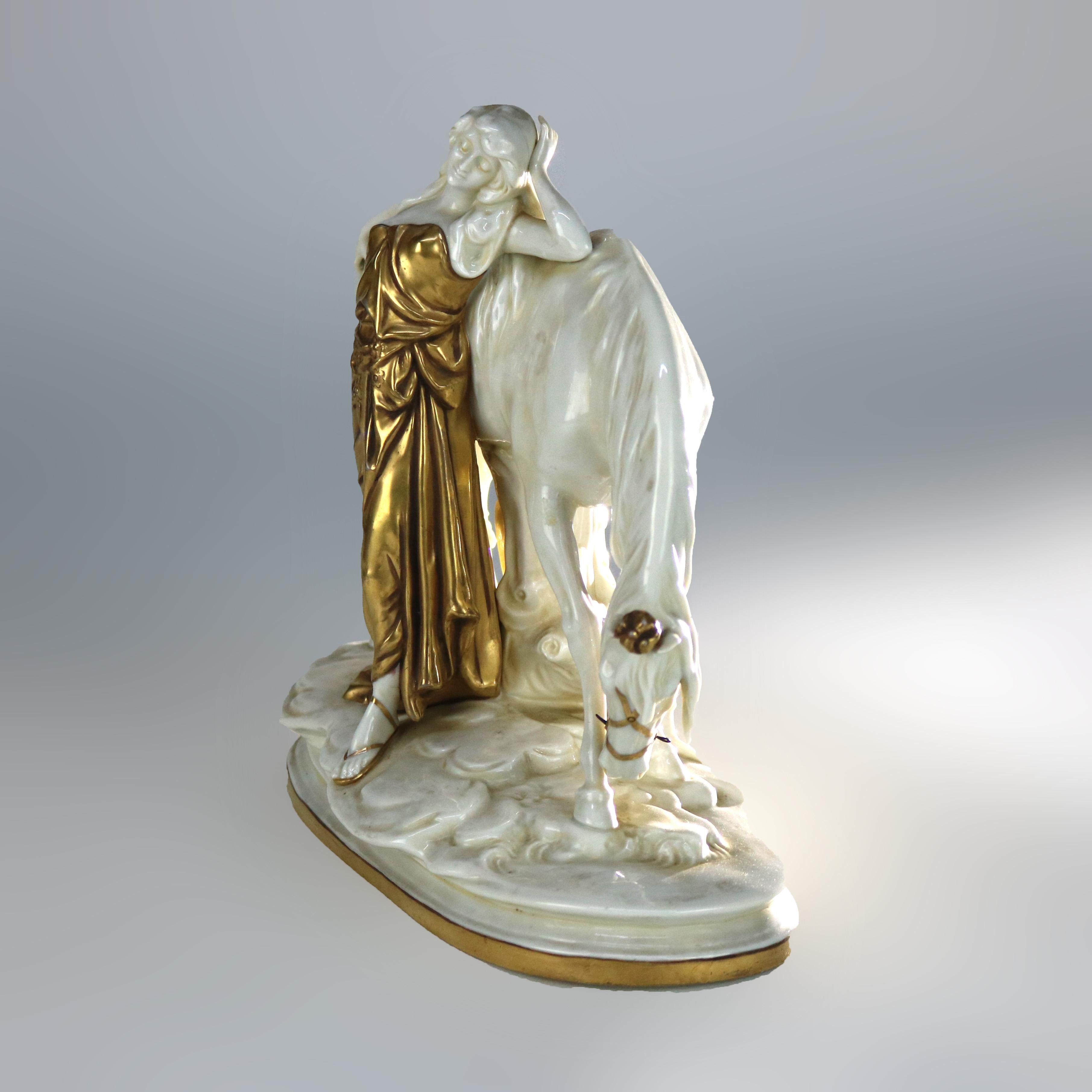 Figura antigua de Meissen Porcelain dorada de doncella y caballo C1890 siglo XIX en venta