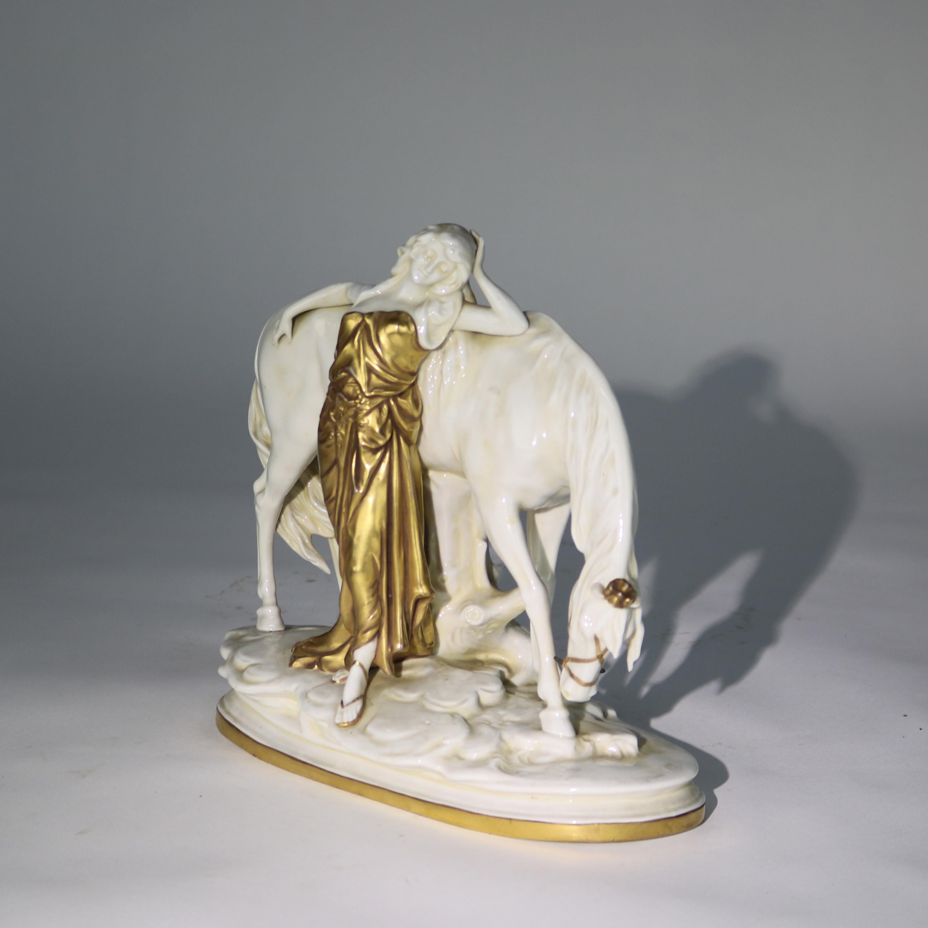 Figura antigua de Meissen Porcelain dorada de doncella y caballo C1890 Porcelana en venta
