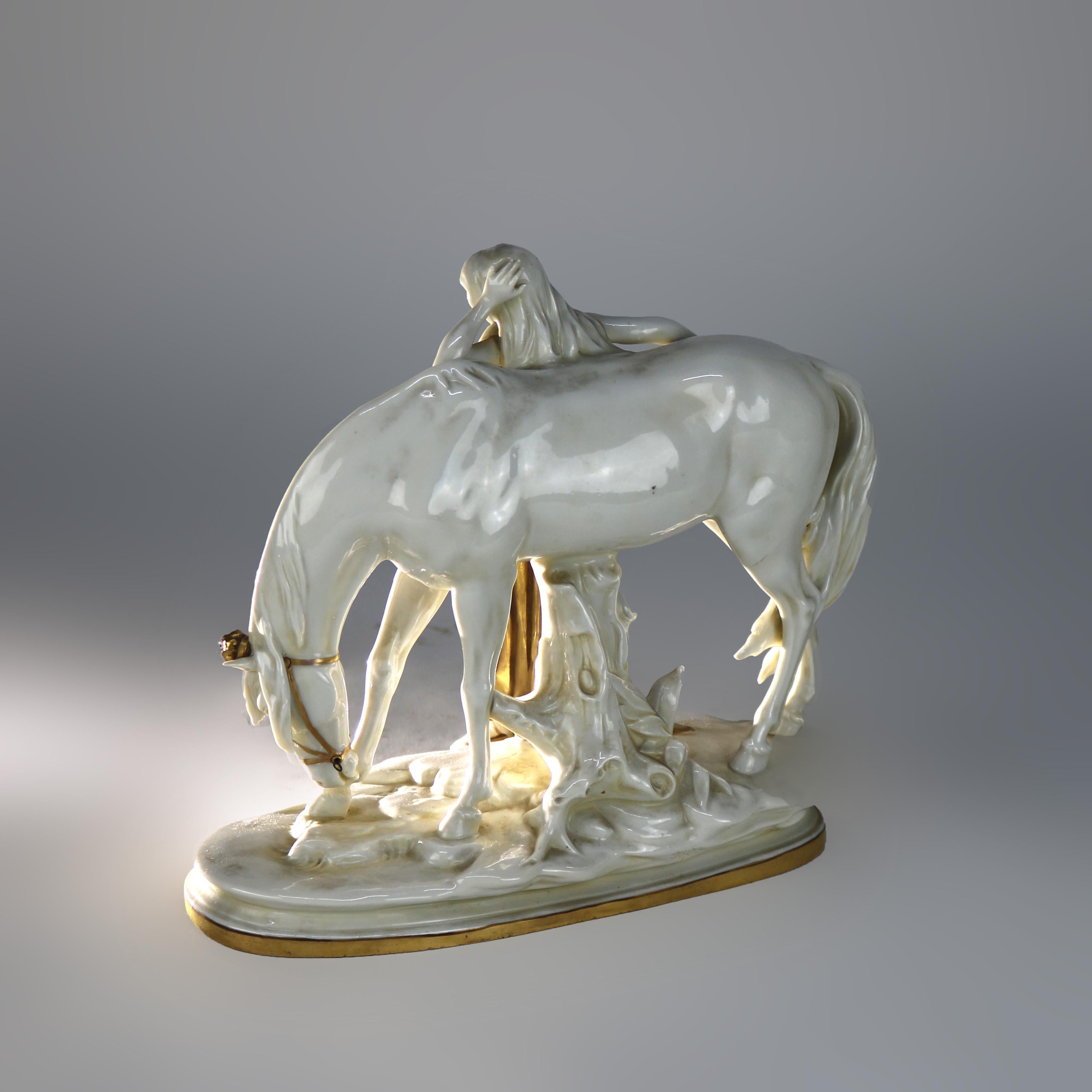 Figura antigua de Meissen Porcelain dorada de doncella y caballo C1890 en venta 1