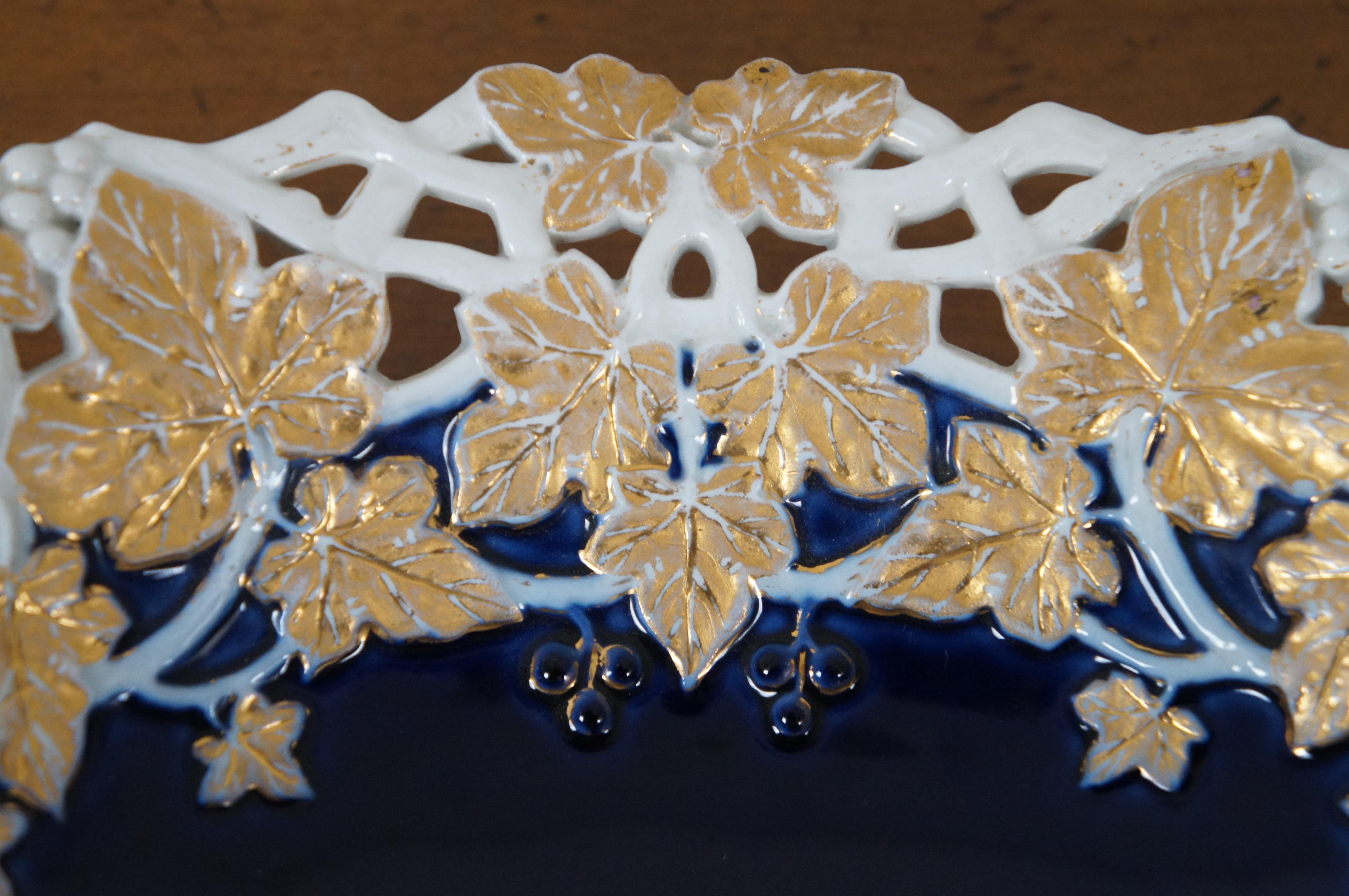20th Century Antique Meissen Cobalt Gilded Grape Leaves Reticulated Centerpiece Compote 13