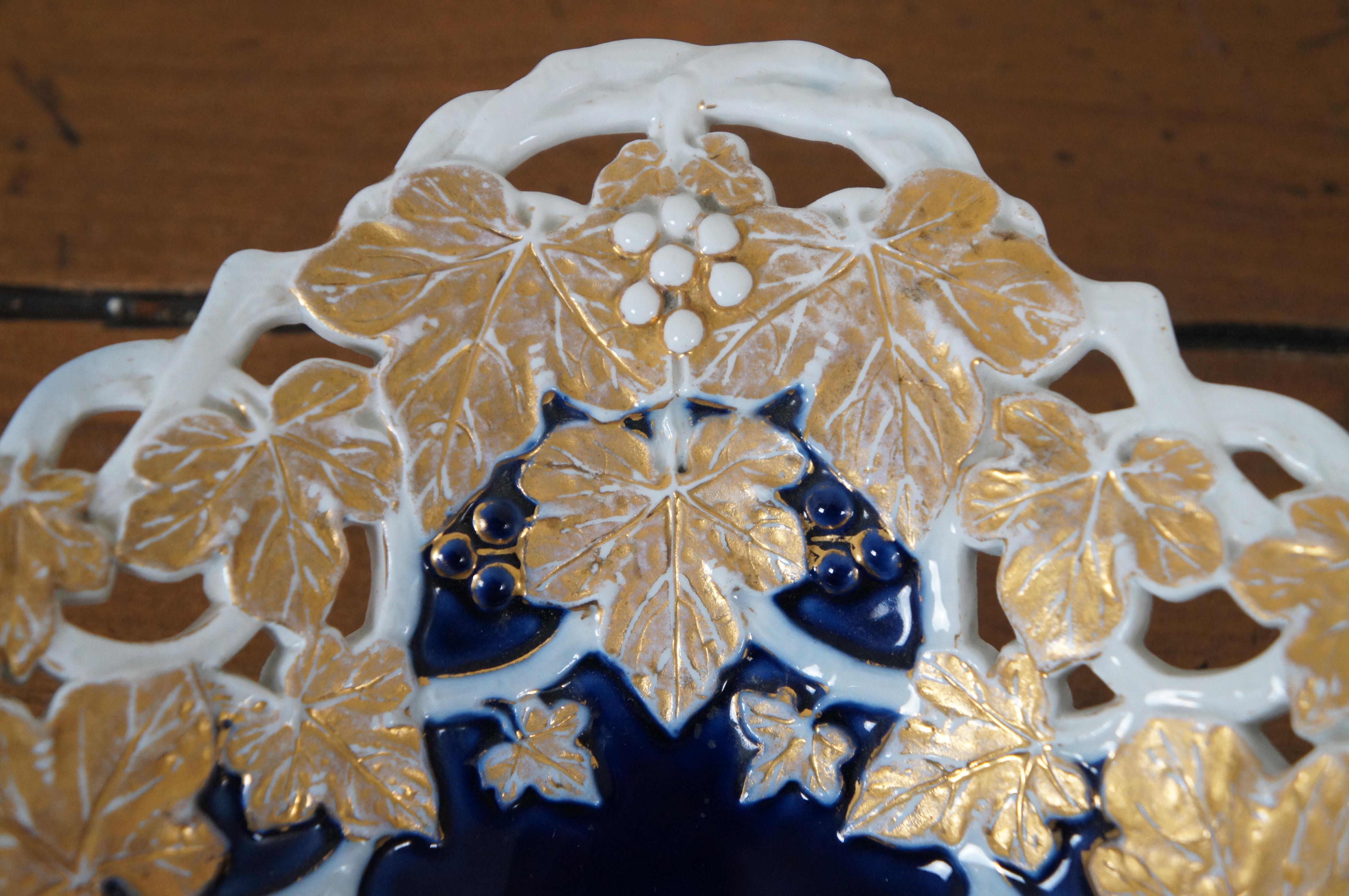 Porcelain Antique Meissen Cobalt Gilded Grape Leaves Reticulated Centerpiece Compote 13