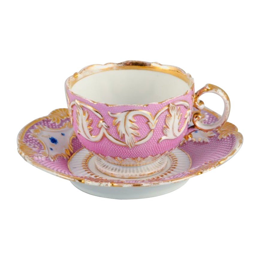 Antique Meissen Coffee Cup, Hand Painted in Pink and Gold Decoration