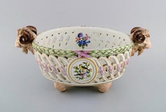 Antique Meissen Compote on Feet with Modelled Ram Heads in Openwork Porcelain