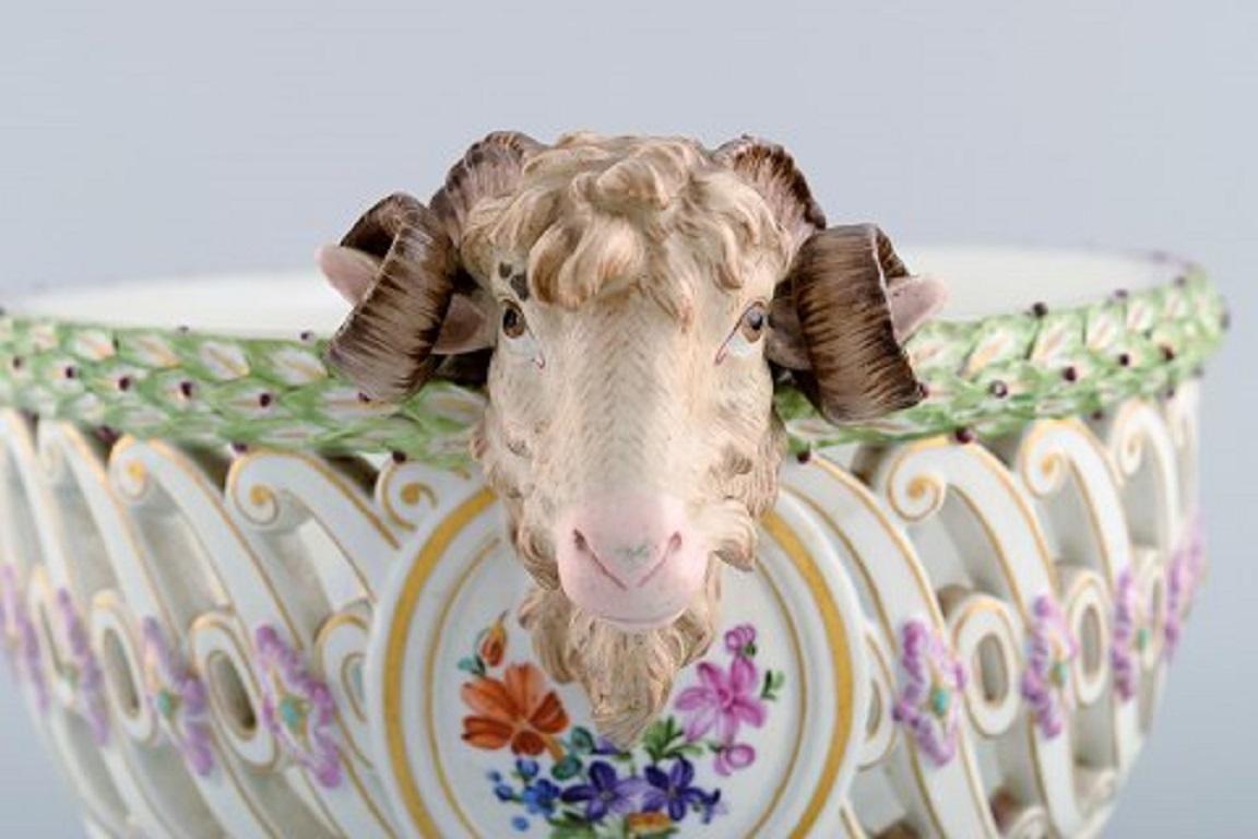 German Antique Meissen Compote on Feet with Modelled Ram Heads in Openwork Porcelain