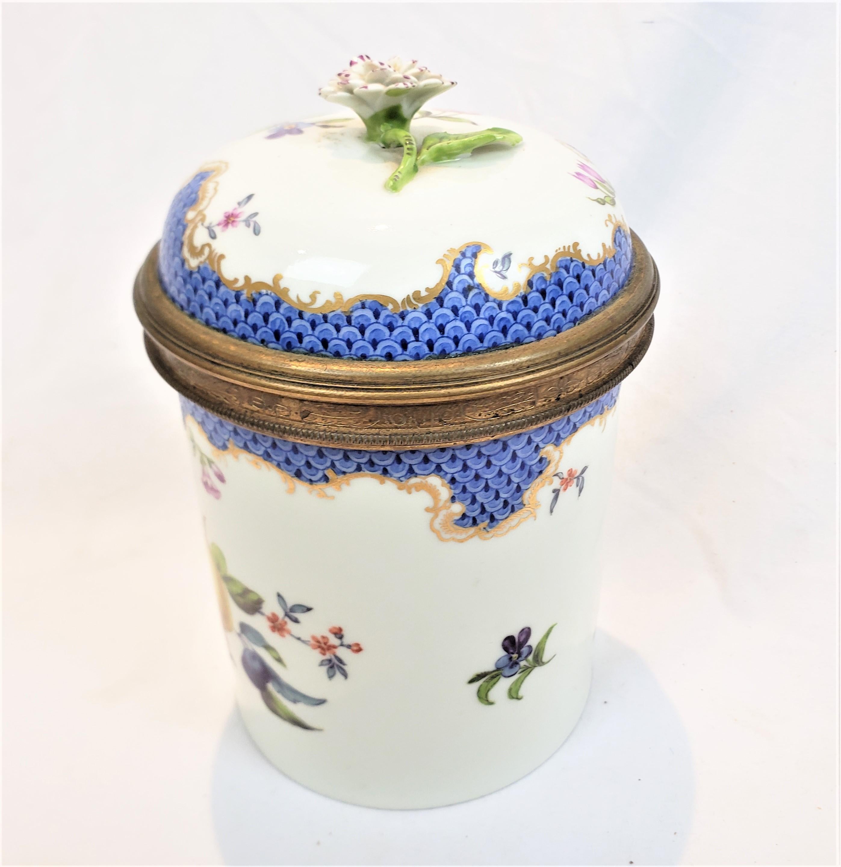 Louis XV Antique Meissen Covered Pot or Jar with Flower Handle & Hand-Painted Fruits For Sale