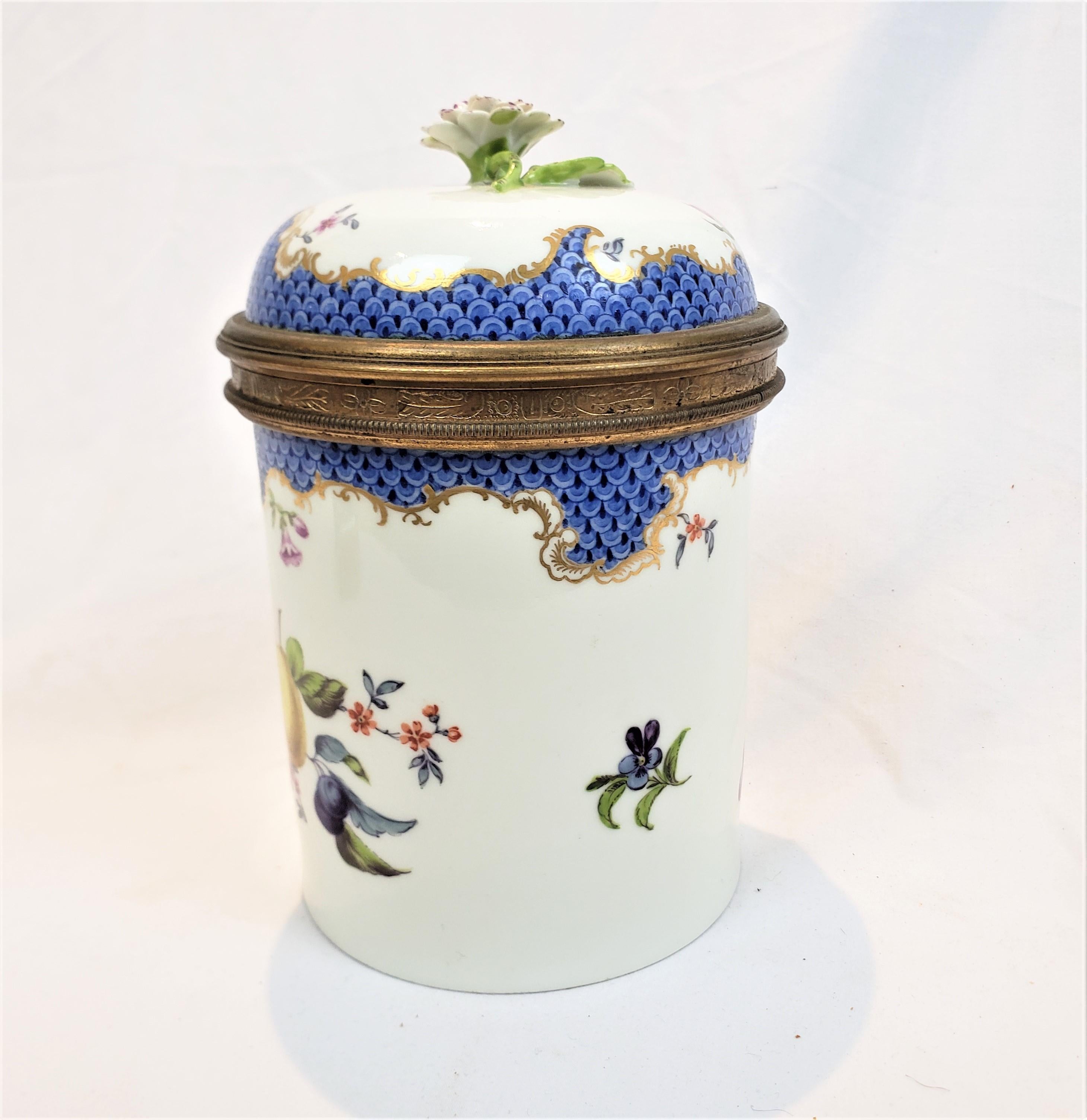 German Antique Meissen Covered Pot or Jar with Flower Handle & Hand-Painted Fruits For Sale