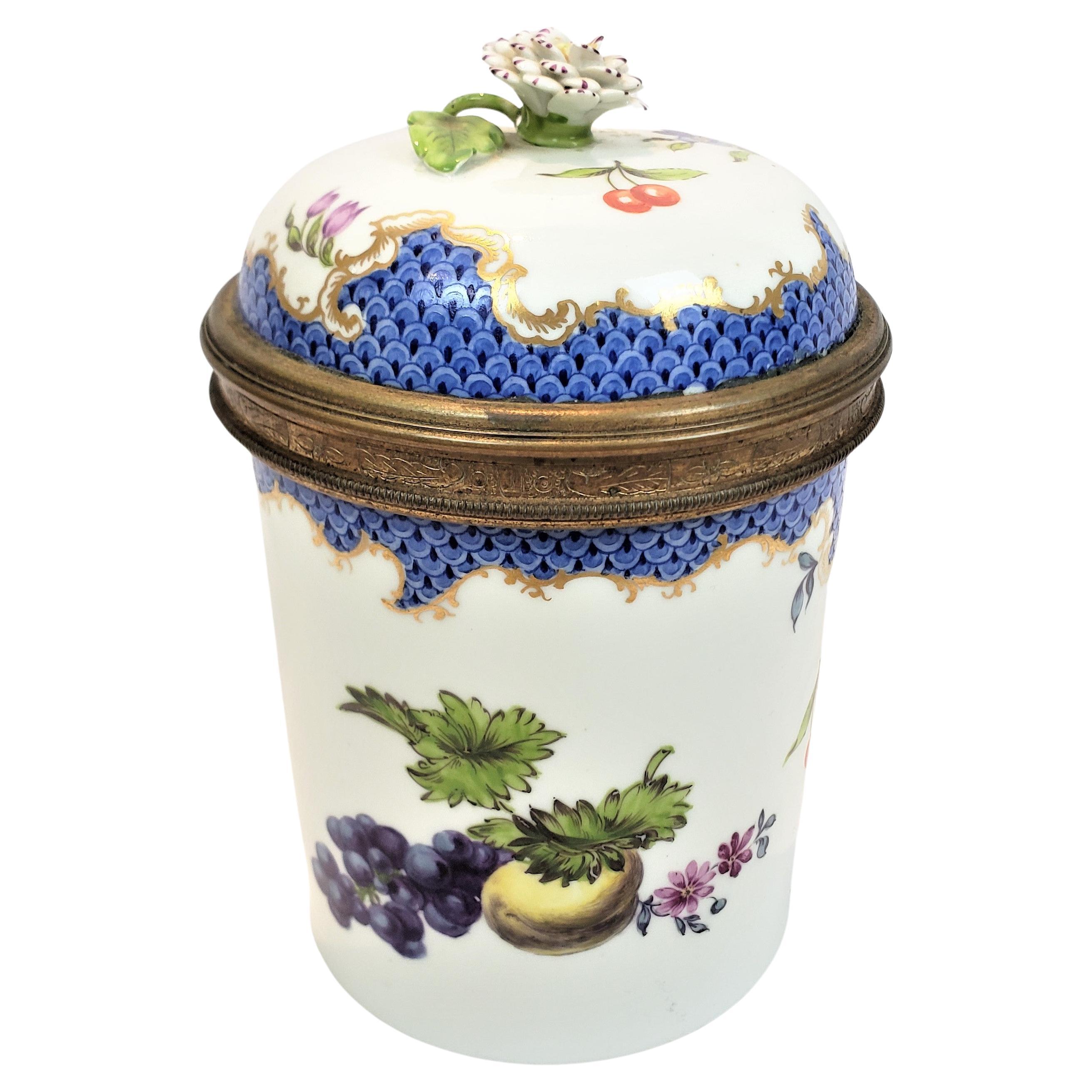 Antique Meissen Covered Pot or Jar with Flower Handle & Hand-Painted Fruits For Sale