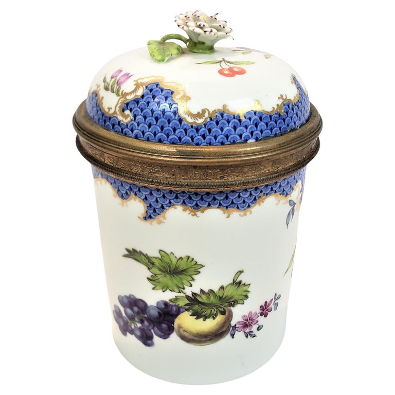 Antique Meissen Covered Pot or Jar with Flower Handle and Hand-Painted  Fruits For Sale at 1stDibs