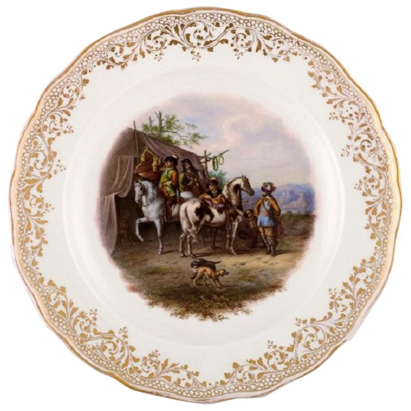 Antique Meissen Decoration Plate in Hand Painted Porcelain with Hunting Motif