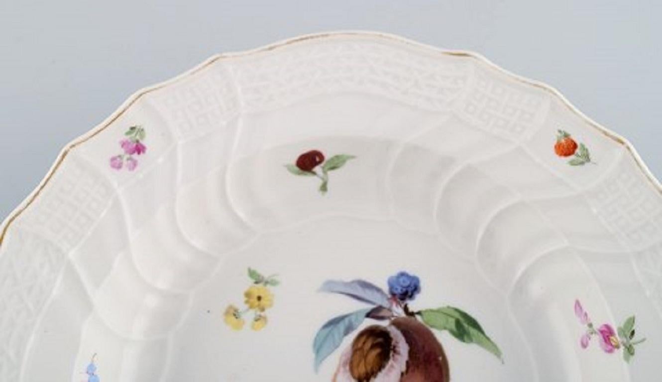 German Antique Meissen Deep Plate in Hand Painted Porcelain with Peach and Flowers For Sale