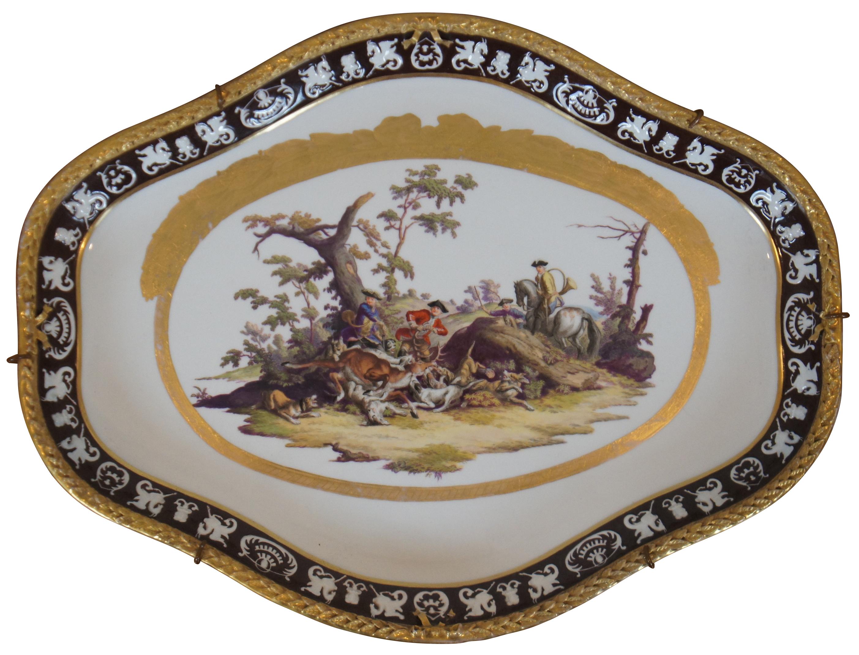 Antique Meissen Dresden Porcelain Deer Hunt Tete-a-tete Serving Tray Platter 8