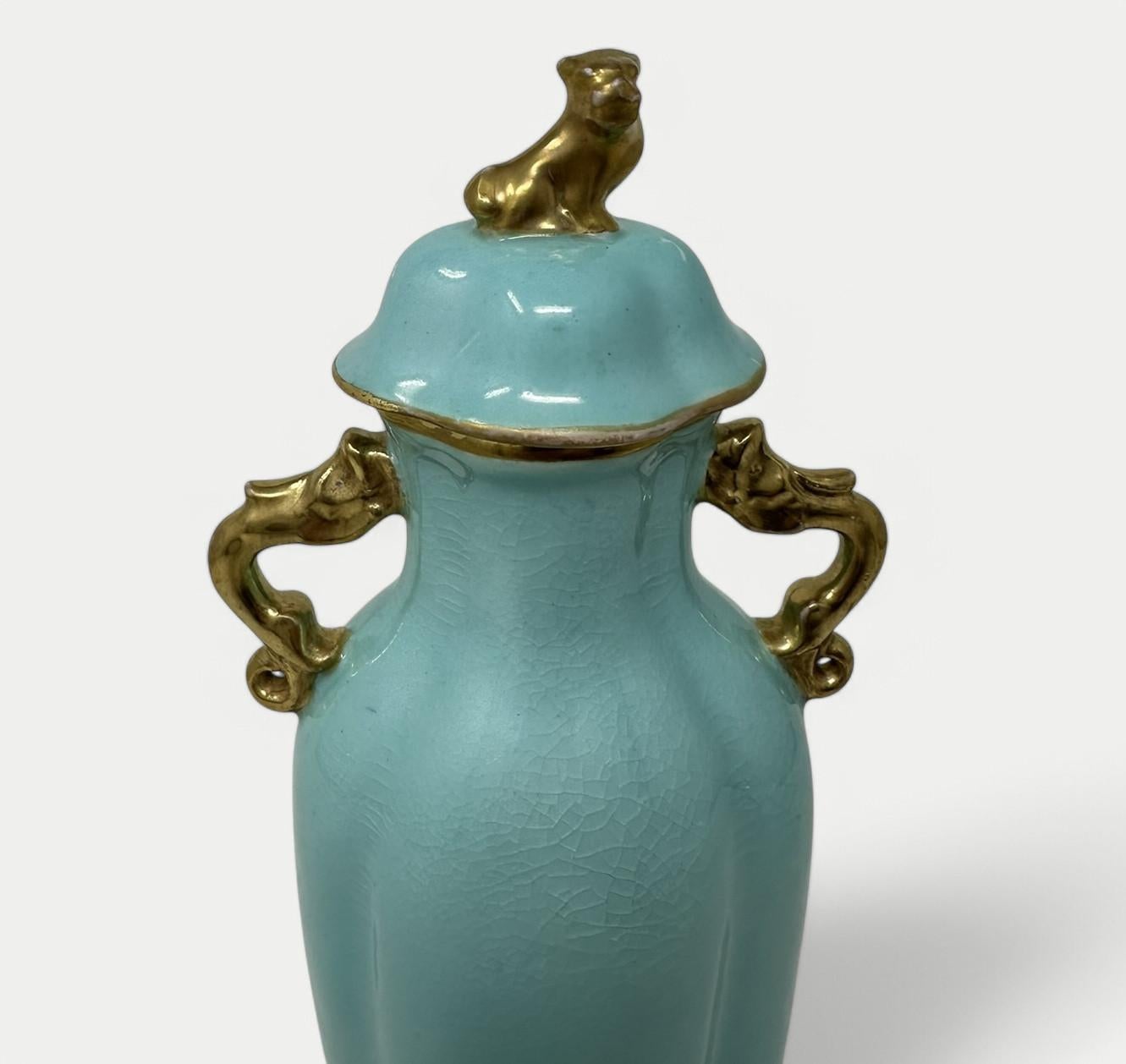 Late Victorian Antique Meissen Dresden Vase Urn Centerpiece Turquoise Blue Green Gilt Dragon