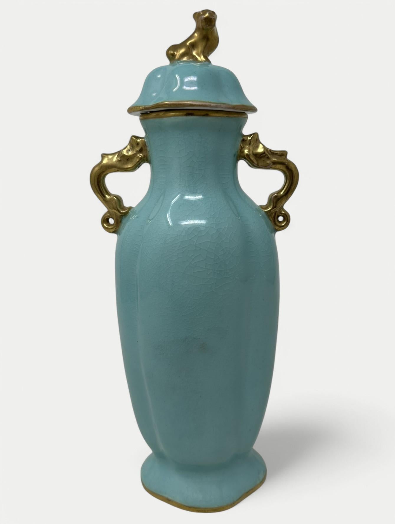 German Antique Meissen Dresden Vase Urn Centerpiece Turquoise Blue Green Gilt Dragon