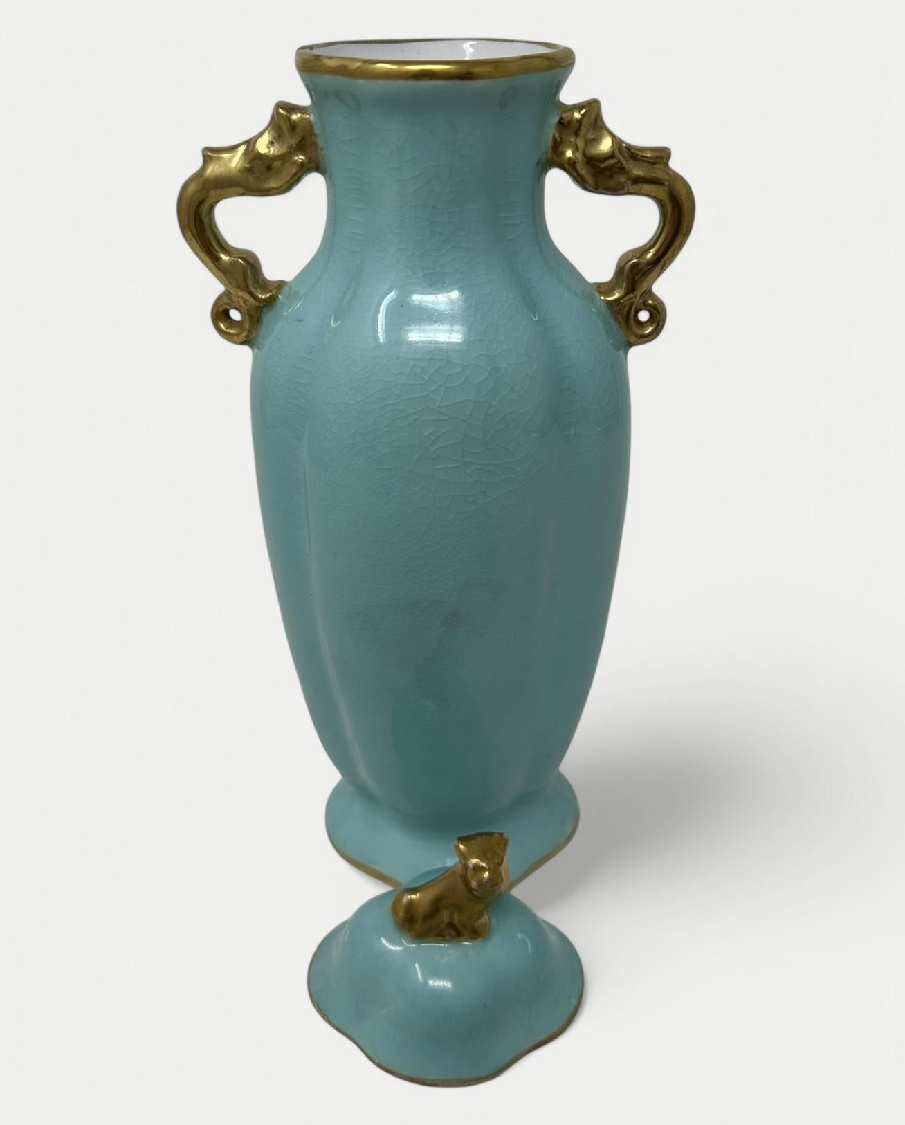 Ceramic Antique Meissen Dresden Vase Urn Centerpiece Turquoise Blue Green Gilt Dragon