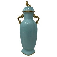 Antique Meissen Dresden Vase Urn Centerpiece Turquoise Blue Green Gilt Dragon