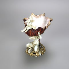 Antique Meissen Figural Cupid & Satyr Porcelain Compote with Seashell C1890