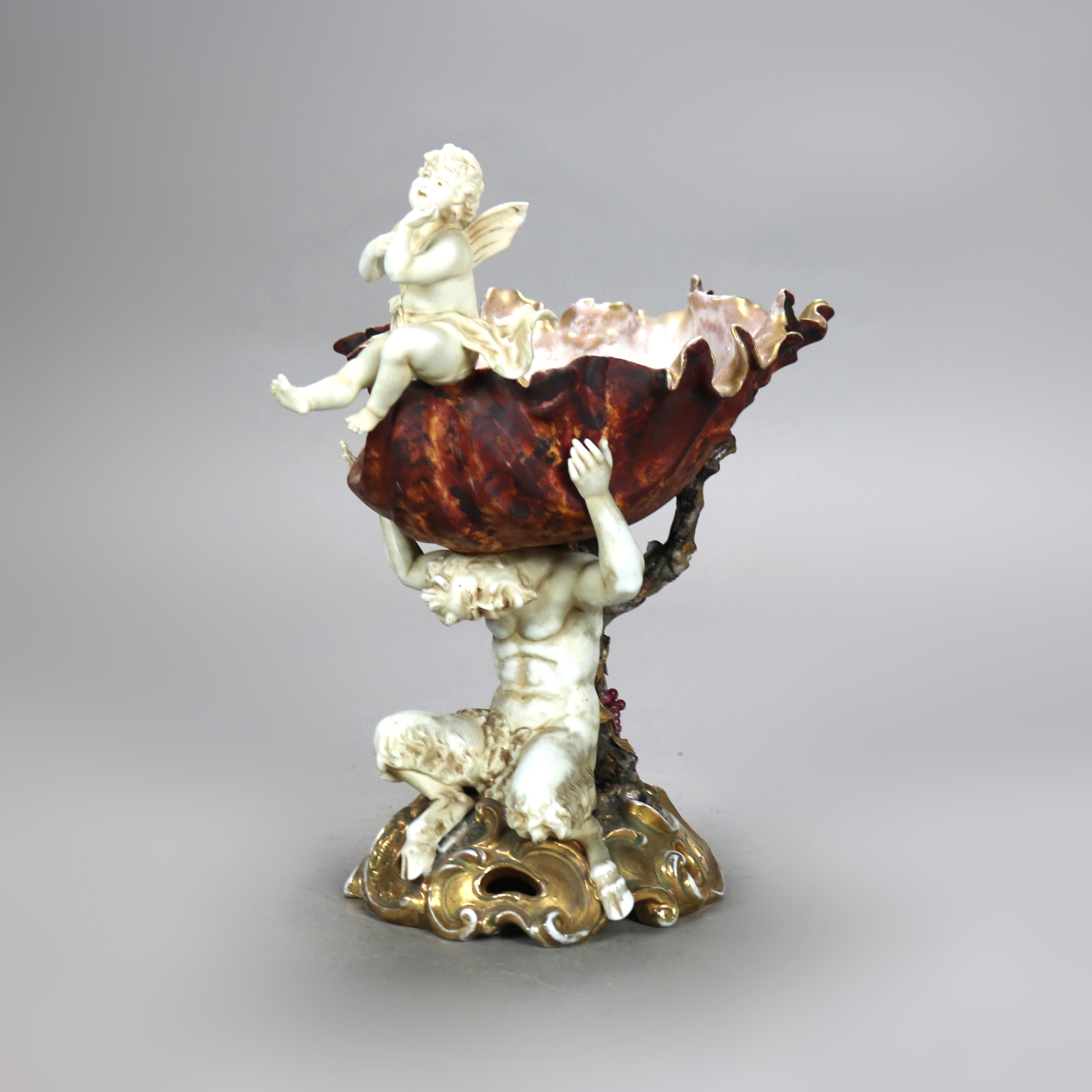 German Antique Meissen Figural Cupid & Satyr Porcelain Compote with Seashell C1890
