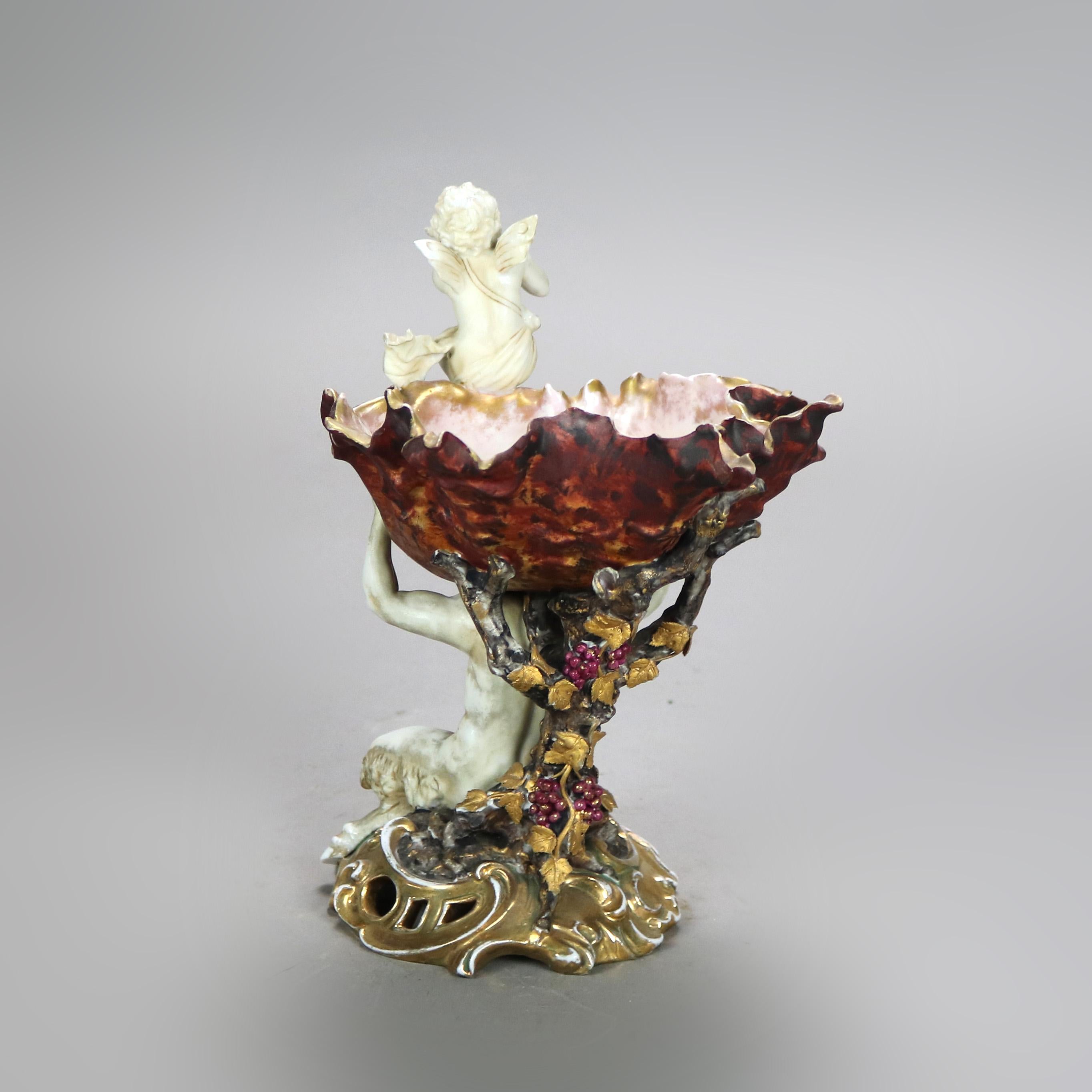 Antique Meissen Figural Cupid & Satyr Porcelain Compote with Seashell C1890 In Good Condition In Big Flats, NY