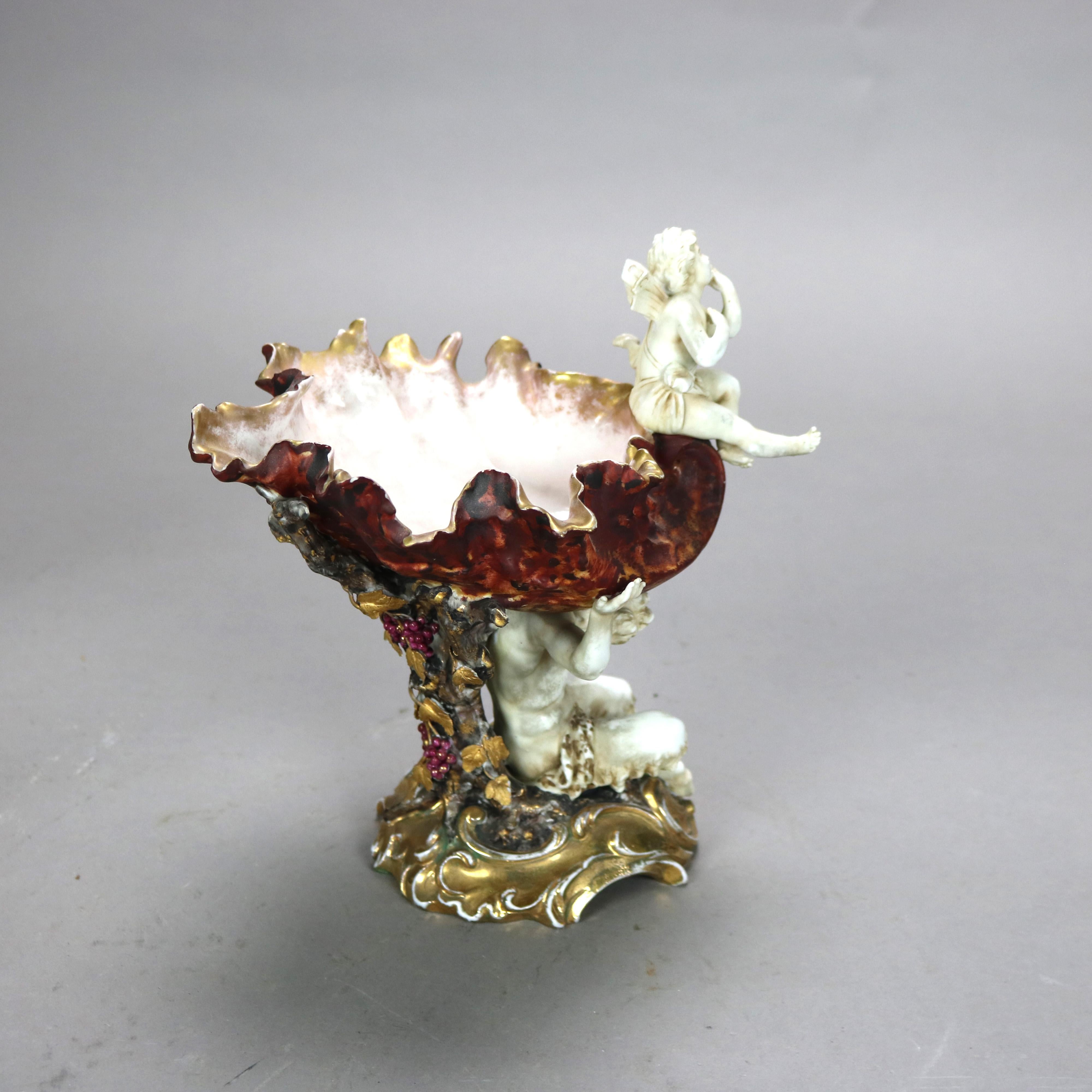 19th Century Antique Meissen Figural Cupid & Satyr Porcelain Compote with Seashell C1890