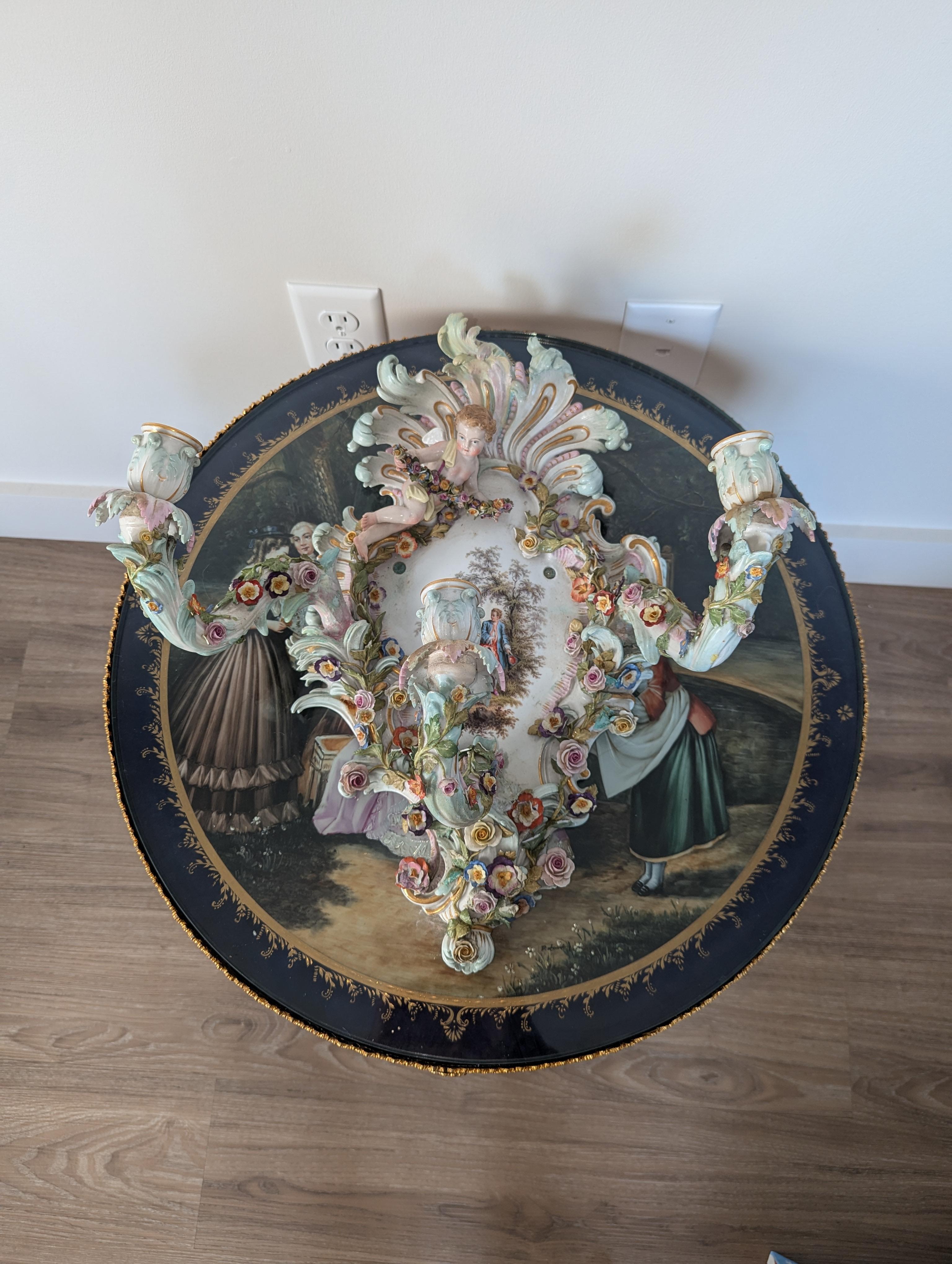 Rococo Antique Meissen Figural Floral Three Arm Candelabra Wall Light For Sale