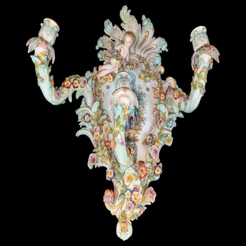 German Antique Meissen Figural Floral Three Arm Candelabra Wall Light