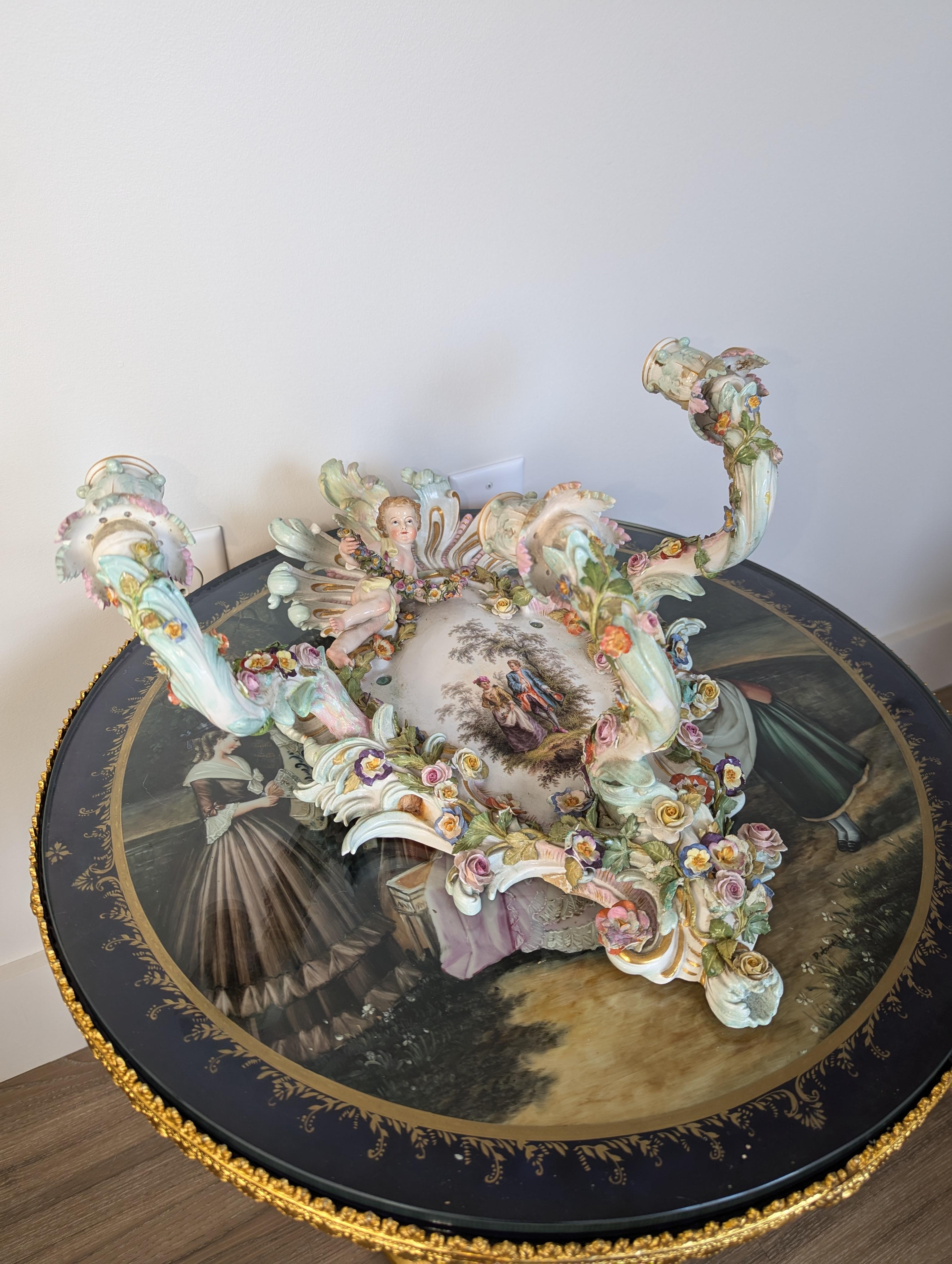 German Antique Meissen Figural Floral Three Arm Candelabra Wall Light For Sale