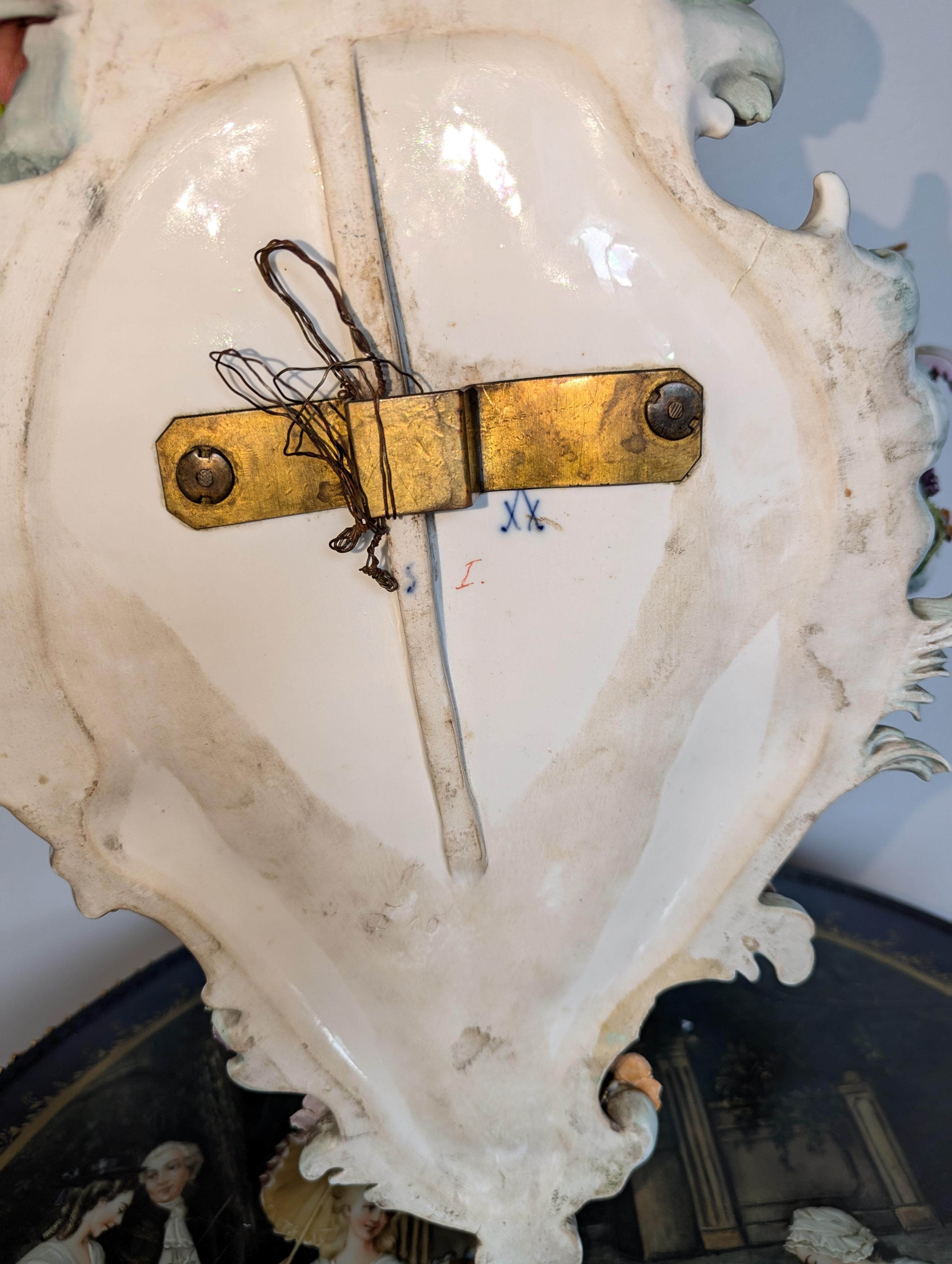 Glazed Antique Meissen Figural Floral Three Arm Candelabra Wall Light For Sale
