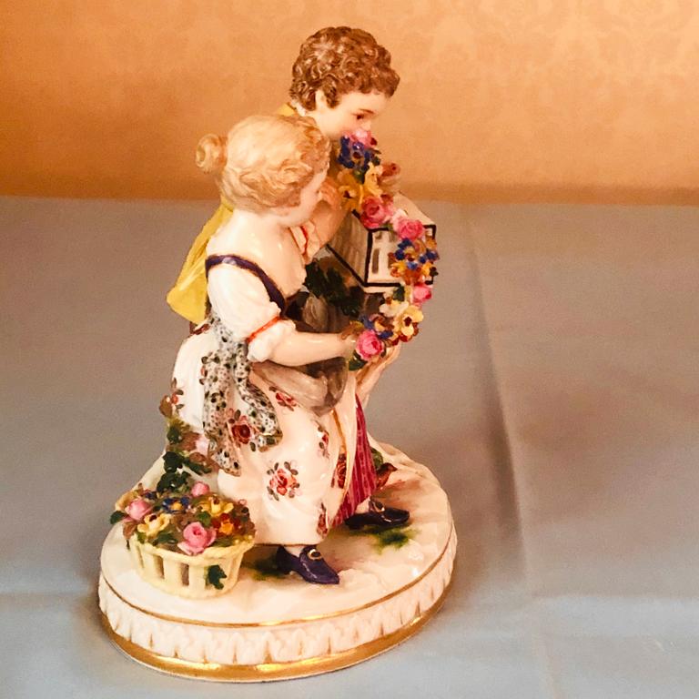 Romantic Antique Meissen Figural Group of Girl and Boy with Two Birds Out of Their Cage