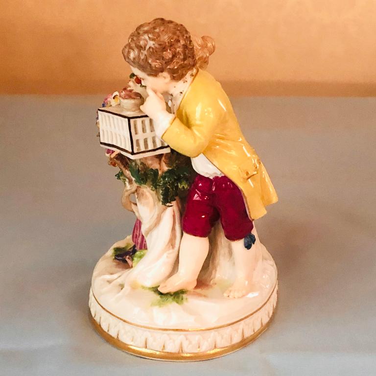 German Antique Meissen Figural Group of Girl and Boy with Two Birds Out of Their Cage